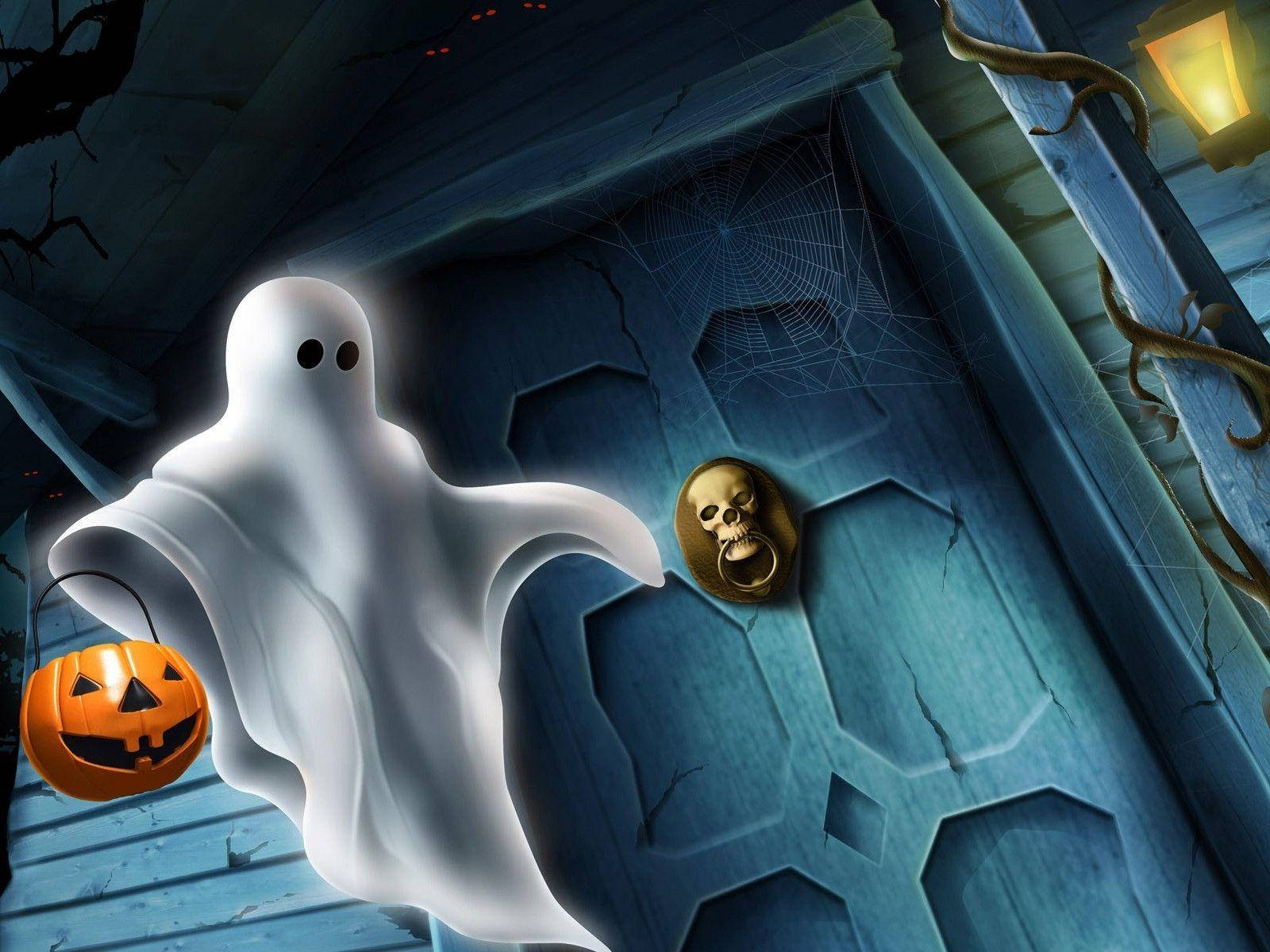 white ghost, jack-o-lantern lantern, cracked blue door, HD Desktop Wallpaper
