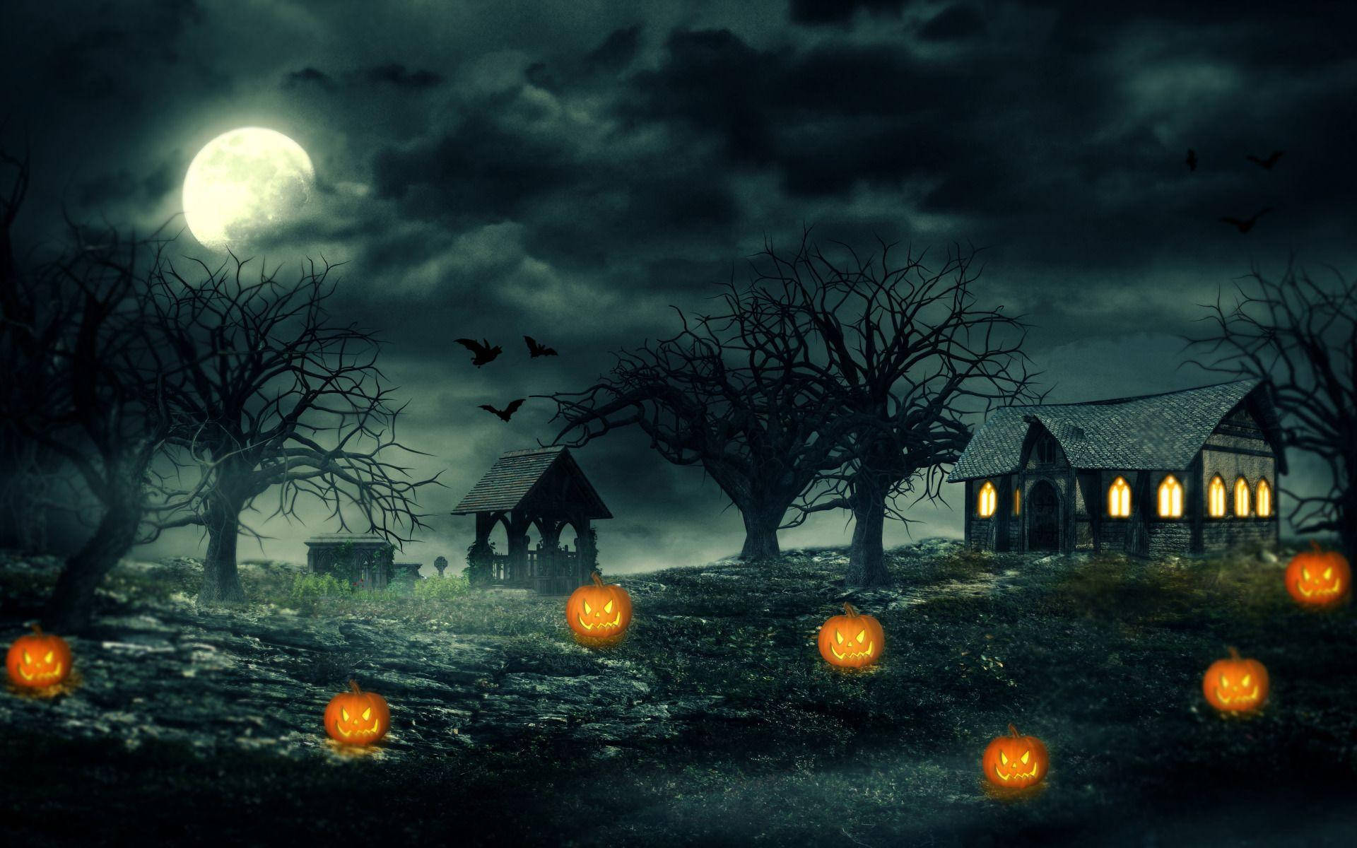 glowing jack-o'-lanterns, haunted house, full moon, Full HD Desktop Wallpaper