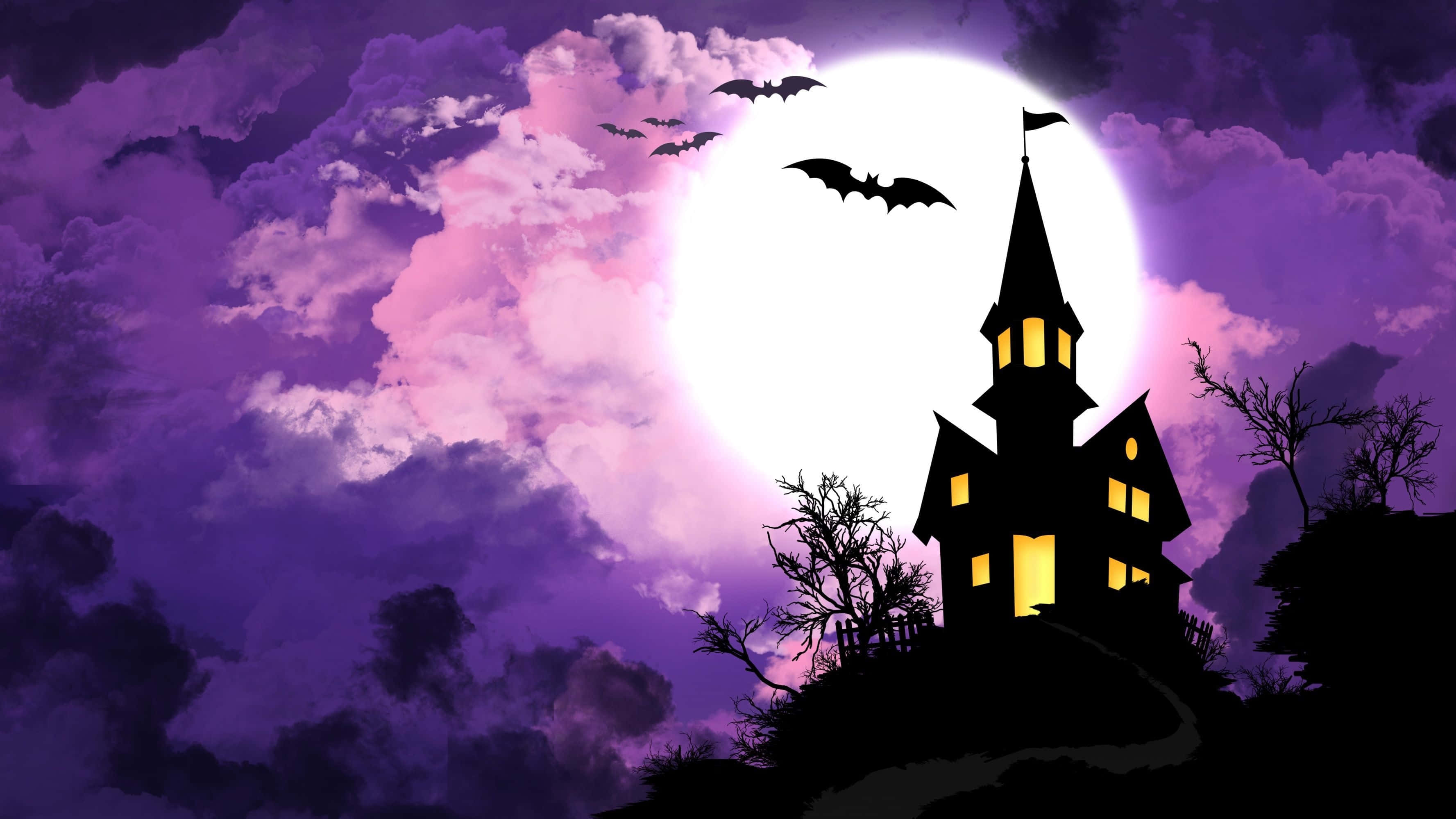 Scary Halloween Desktop, purple bat, haunted house silhouette, 2K Desktop Wallpaper