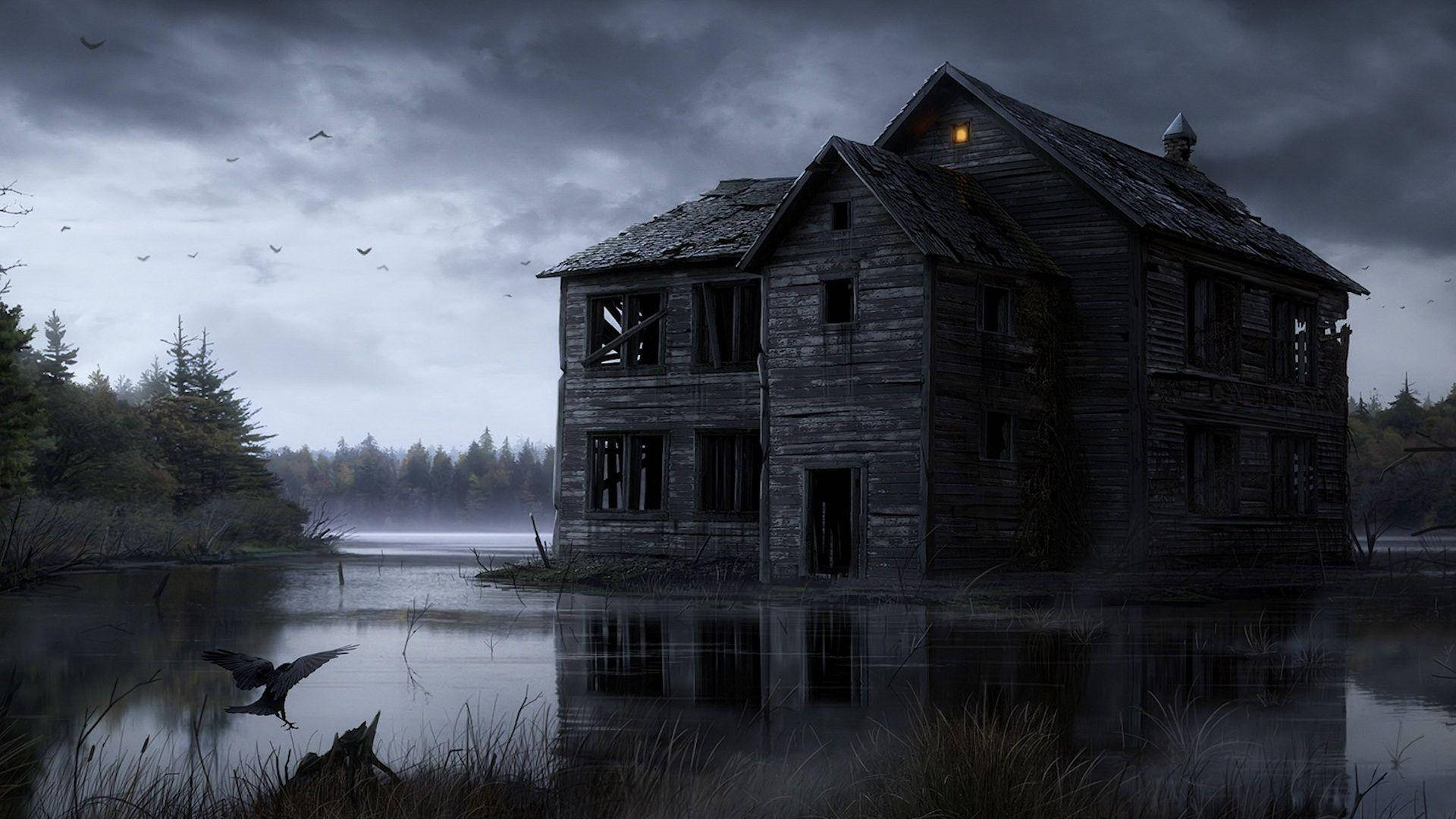 dark haunted house, lake, misty lake, Full HD Desktop Wallpaper