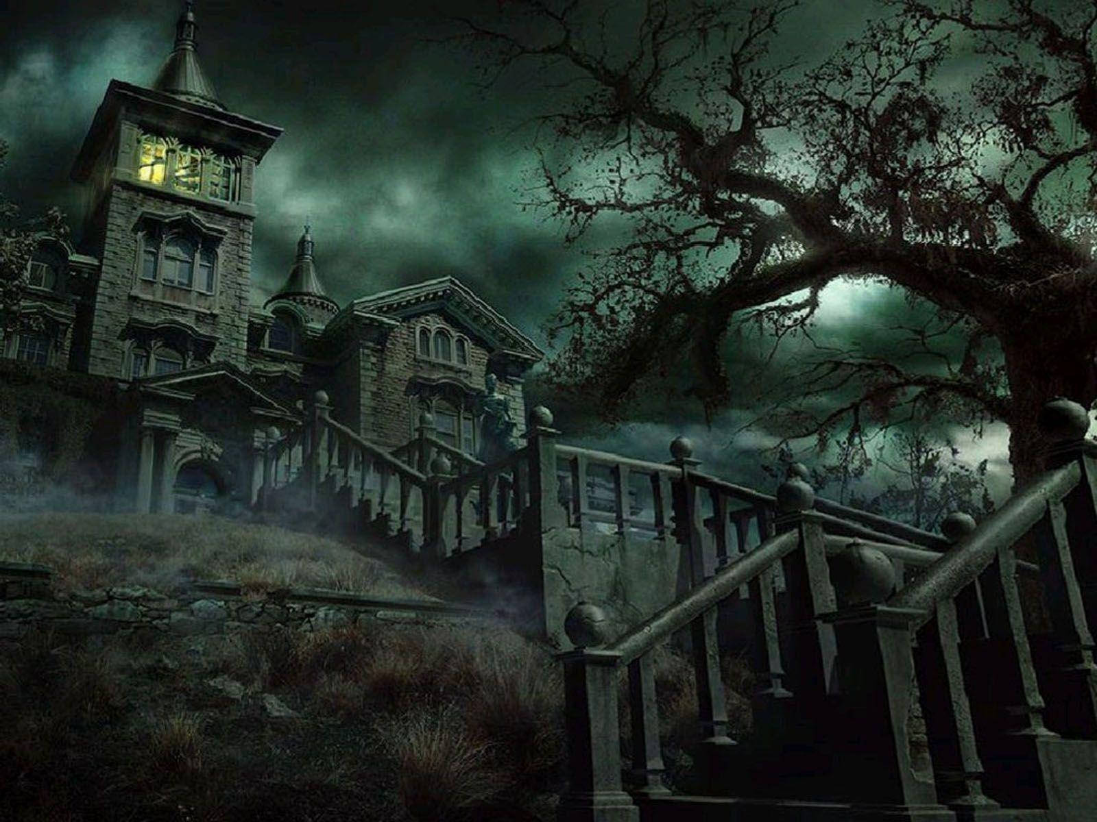 Haunted Mansion, glowing windows, stormy green sky, HD Desktop Wallpaper