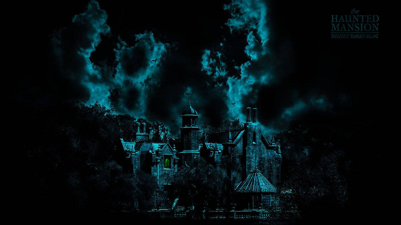 Haunted Mansion, stormy teal sky, bats flying overhead, HD Desktop Wallpaper