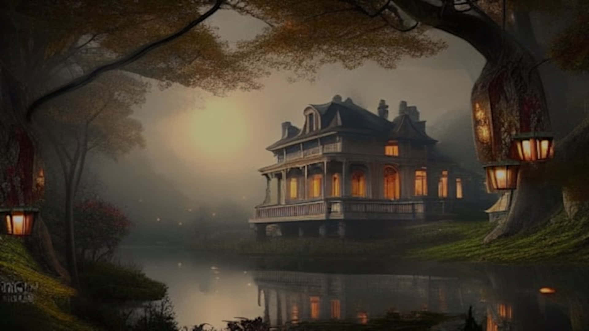 Victorian house, glowing windows, misty lake, Full HD Desktop Wallpaper