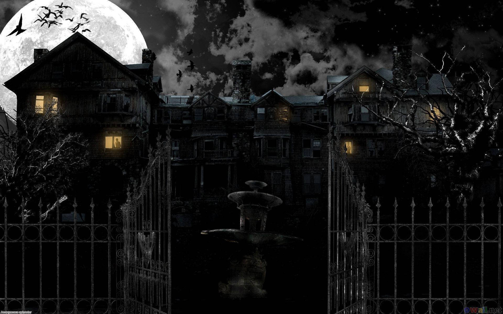 Haunted Mansion, full moon, glowing windows, Full HD Desktop Wallpaper