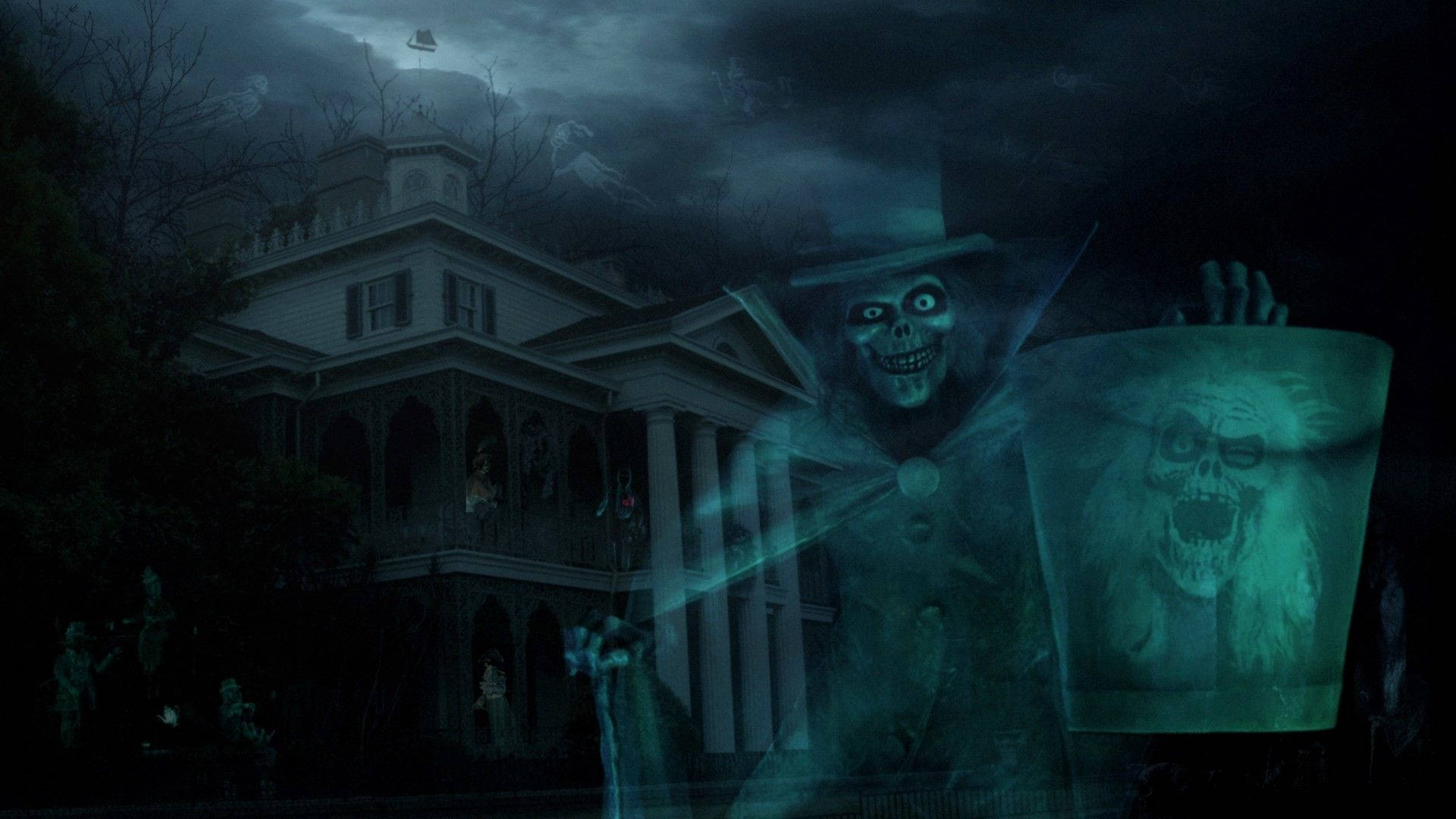 creepy skeleton, top hat, glowing bucket of screaming skulls, Full HD Desktop Wallpaper