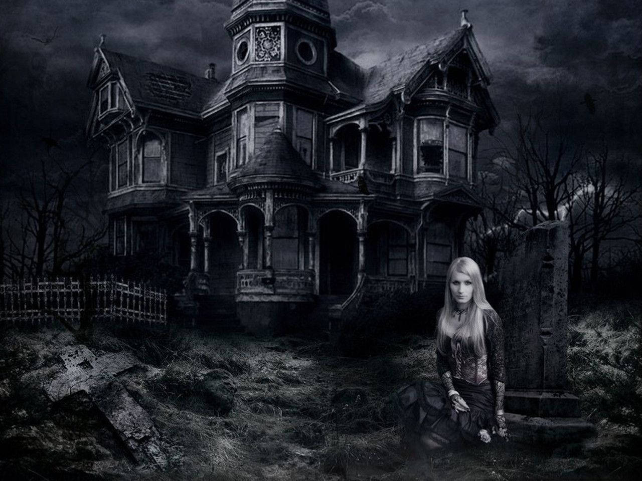 Haunted Mansion, Victorian mansion, stormy night sky, HD Desktop Wallpaper