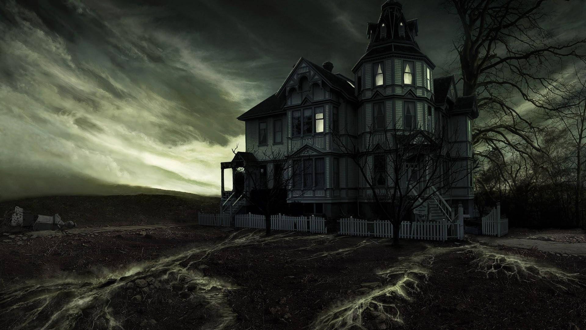 Haunted Mansion, Victorian house, glowing windows, Full HD Desktop Wallpaper