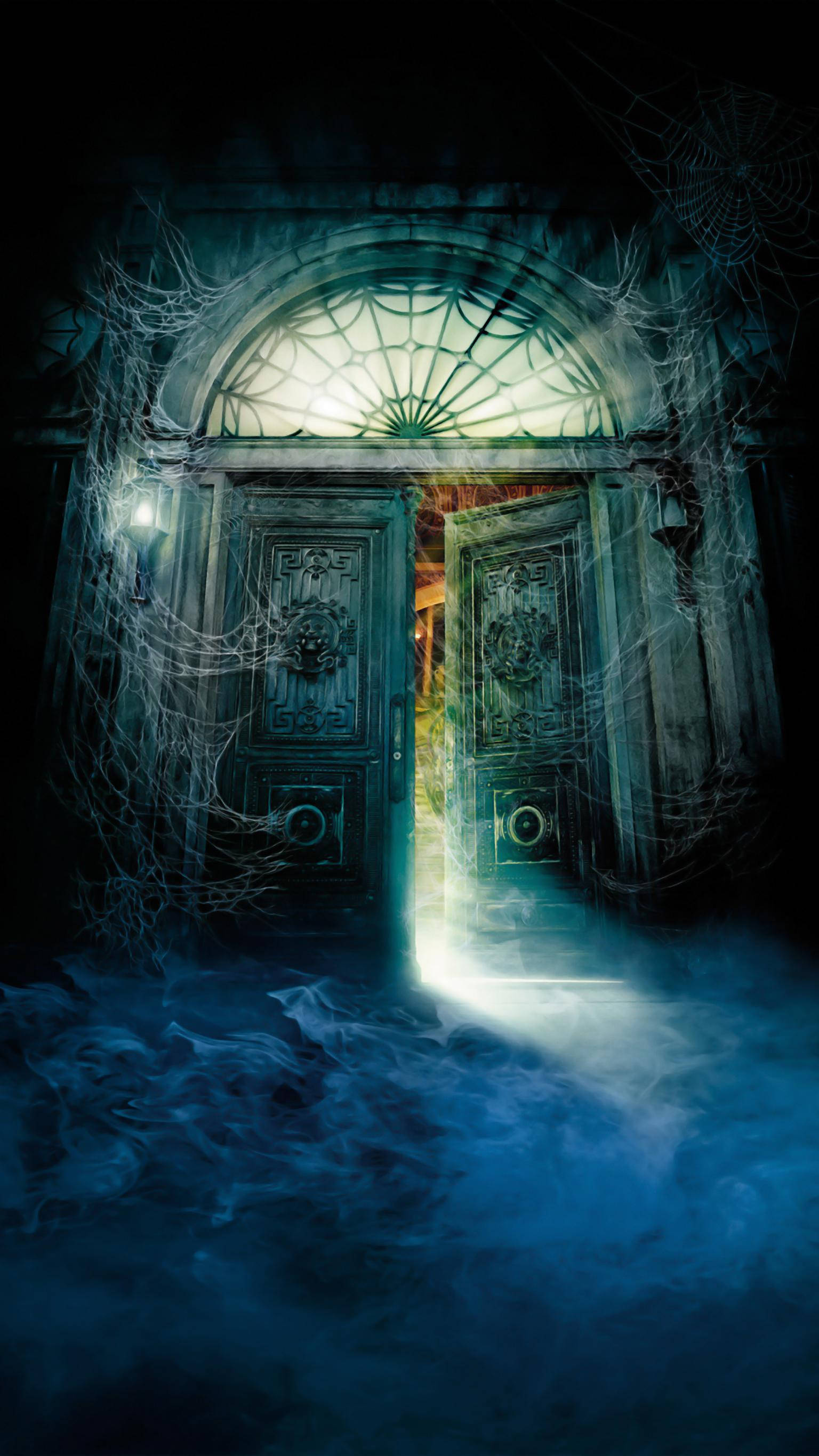 Haunted Mansion, ancient ornate door, dark haunted mansion, 2K Phone Wallpaper