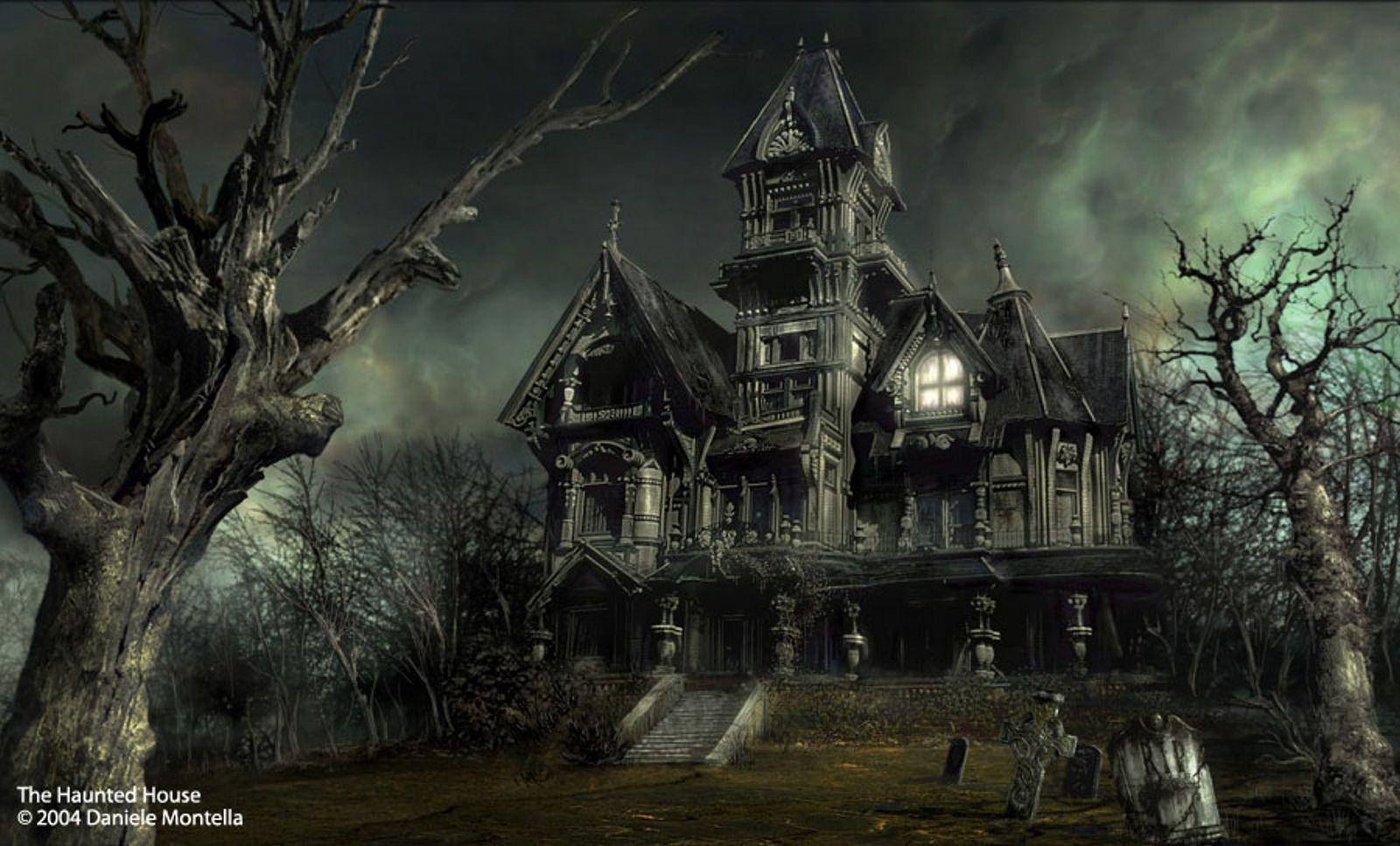 Haunted Mansion, glowing windows, barren trees, HD Desktop Wallpaper