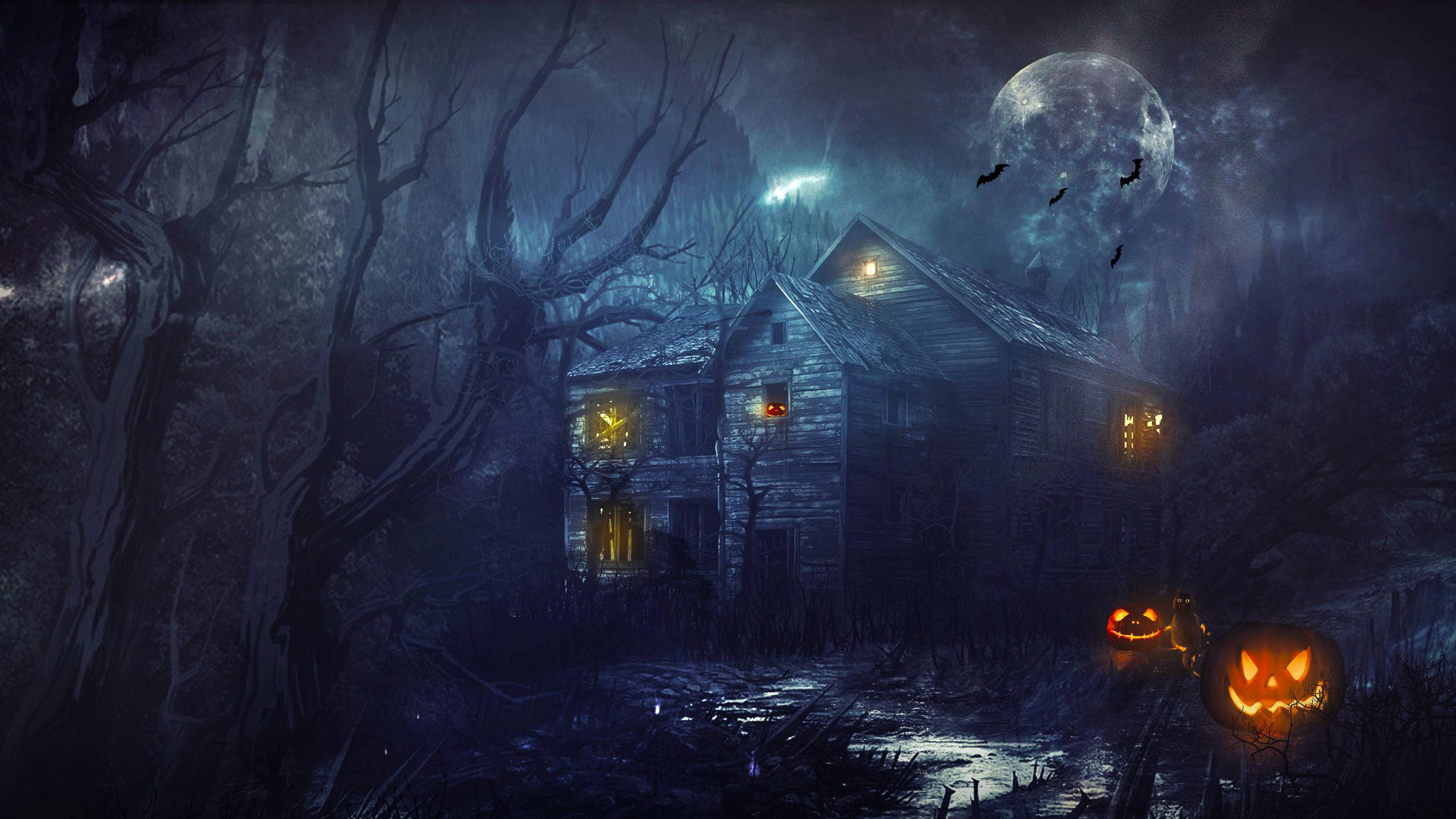 Haunted Mansion, jack-o-lanterns, full moon, 2K Desktop Wallpaper