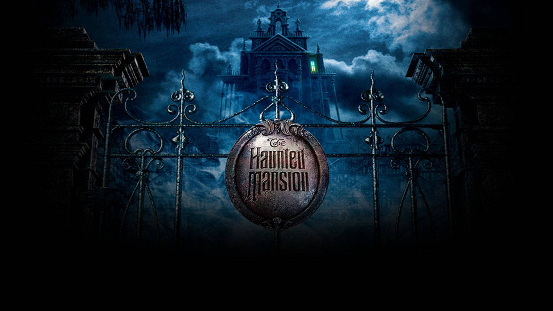 Haunted Mansion, ornate gate, stormy night sky, Full HD Desktop Wallpaper