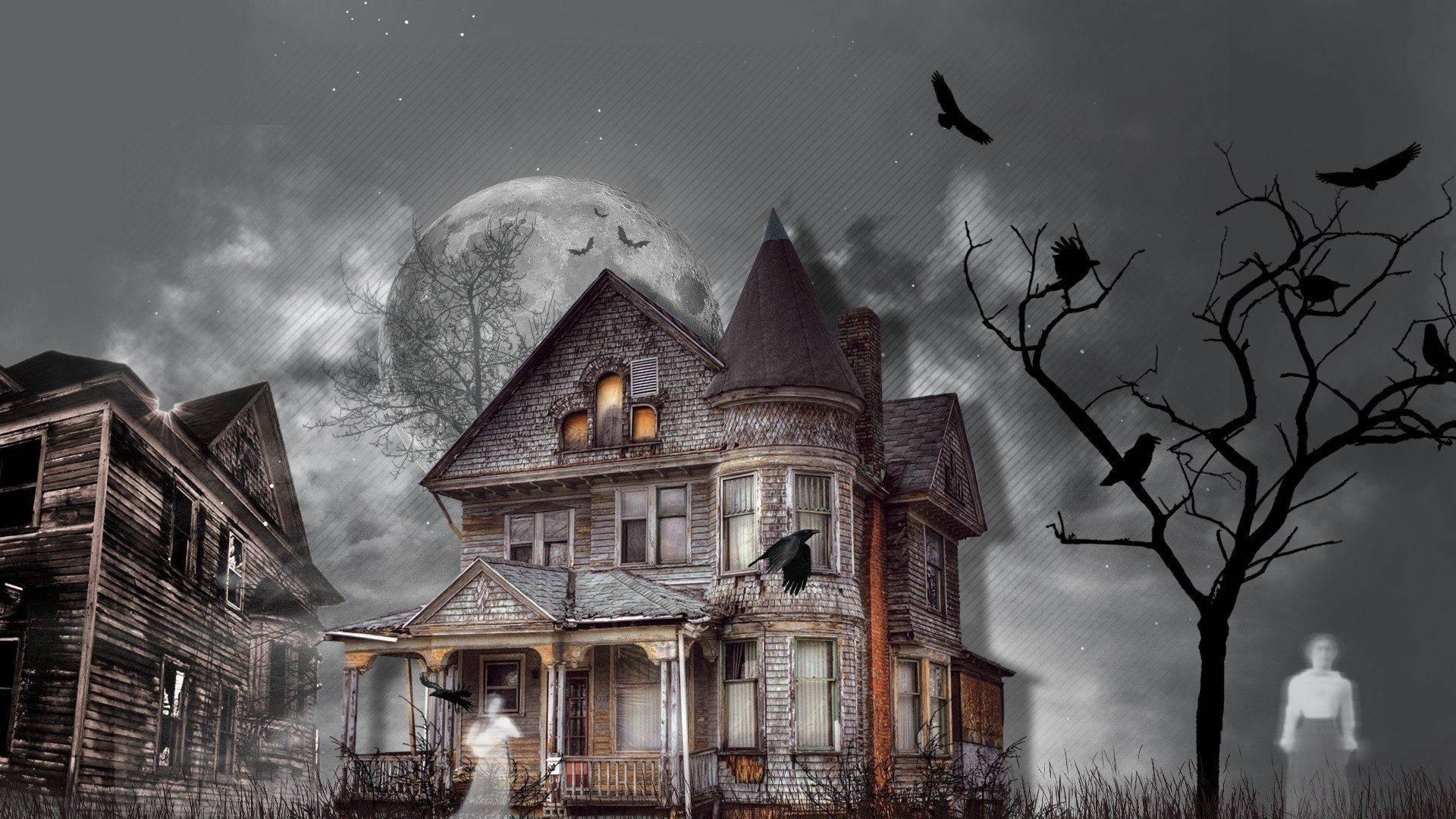 Haunted Mansion, Victorian house, full moon, Full HD Desktop Wallpaper
