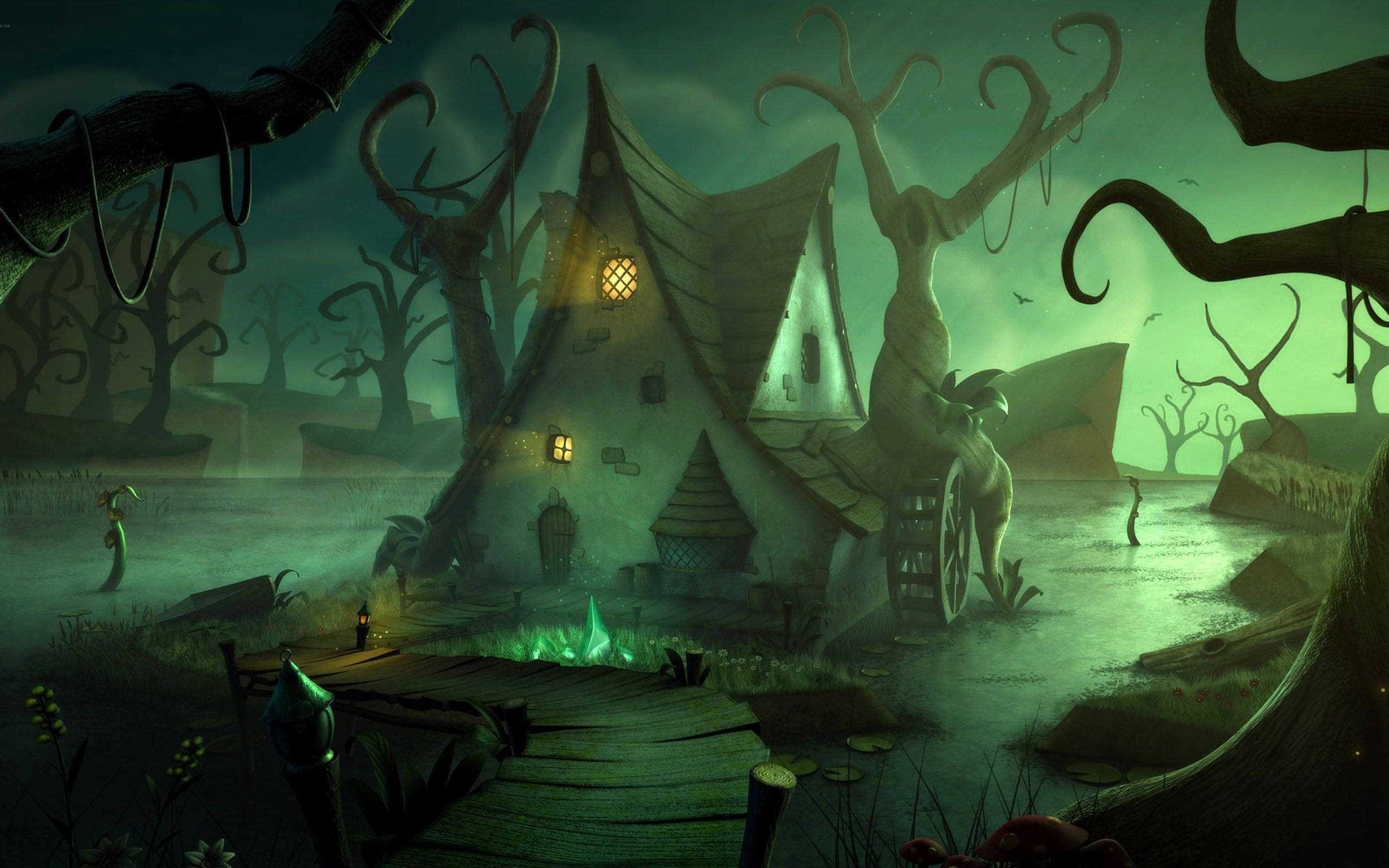 Haunted Mansion, green-lit, twisted trees, 2K Desktop Wallpaper