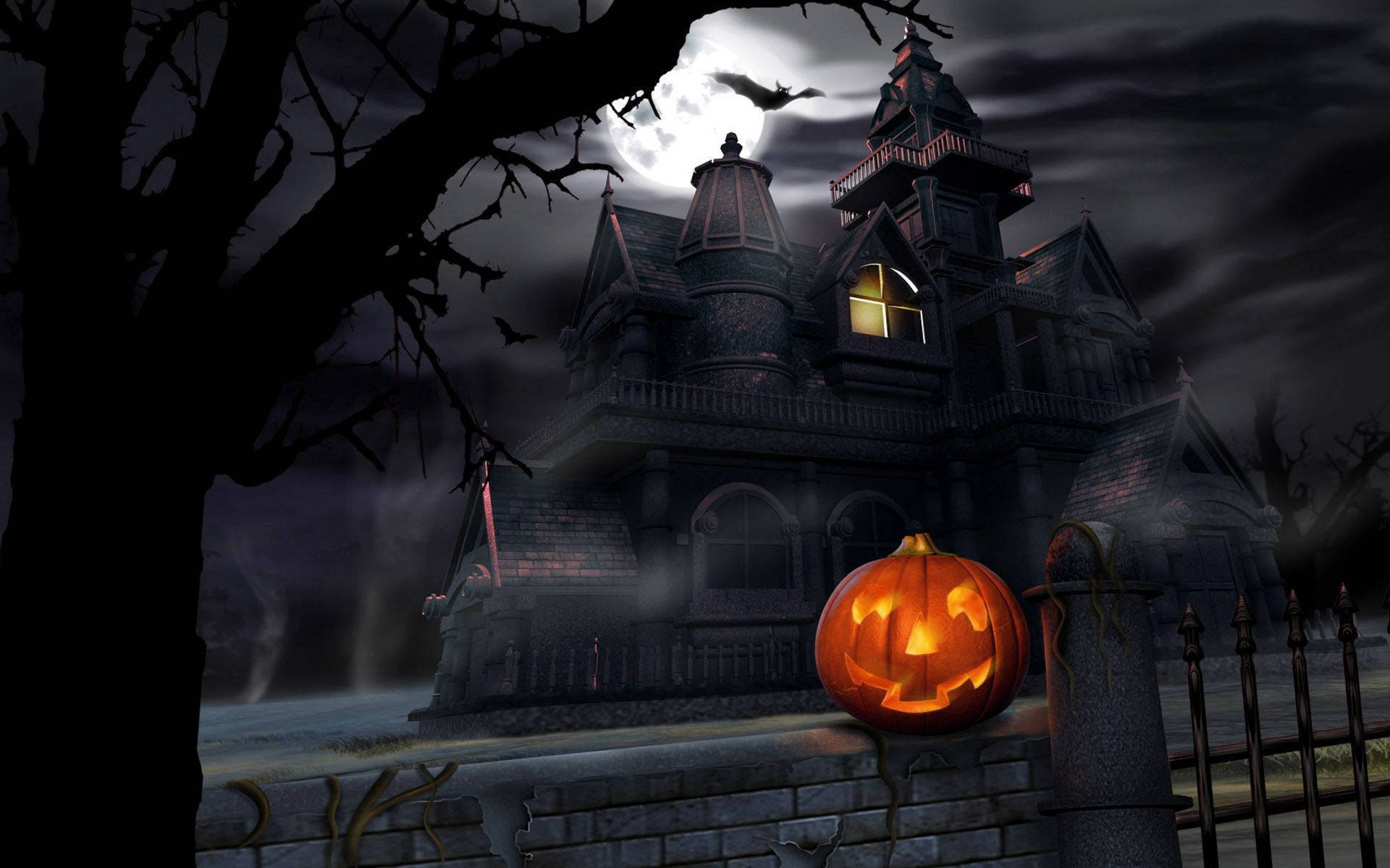 haunted house, jack-o'-lantern, spooky haunted mansion, Full HD Desktop Wallpaper