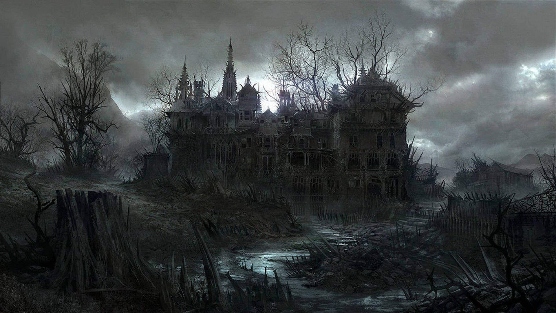 Horrifying Dark Haunted Mansion, crumbling gothic mansion, stormy gray sky, Full HD Desktop Wallpaper