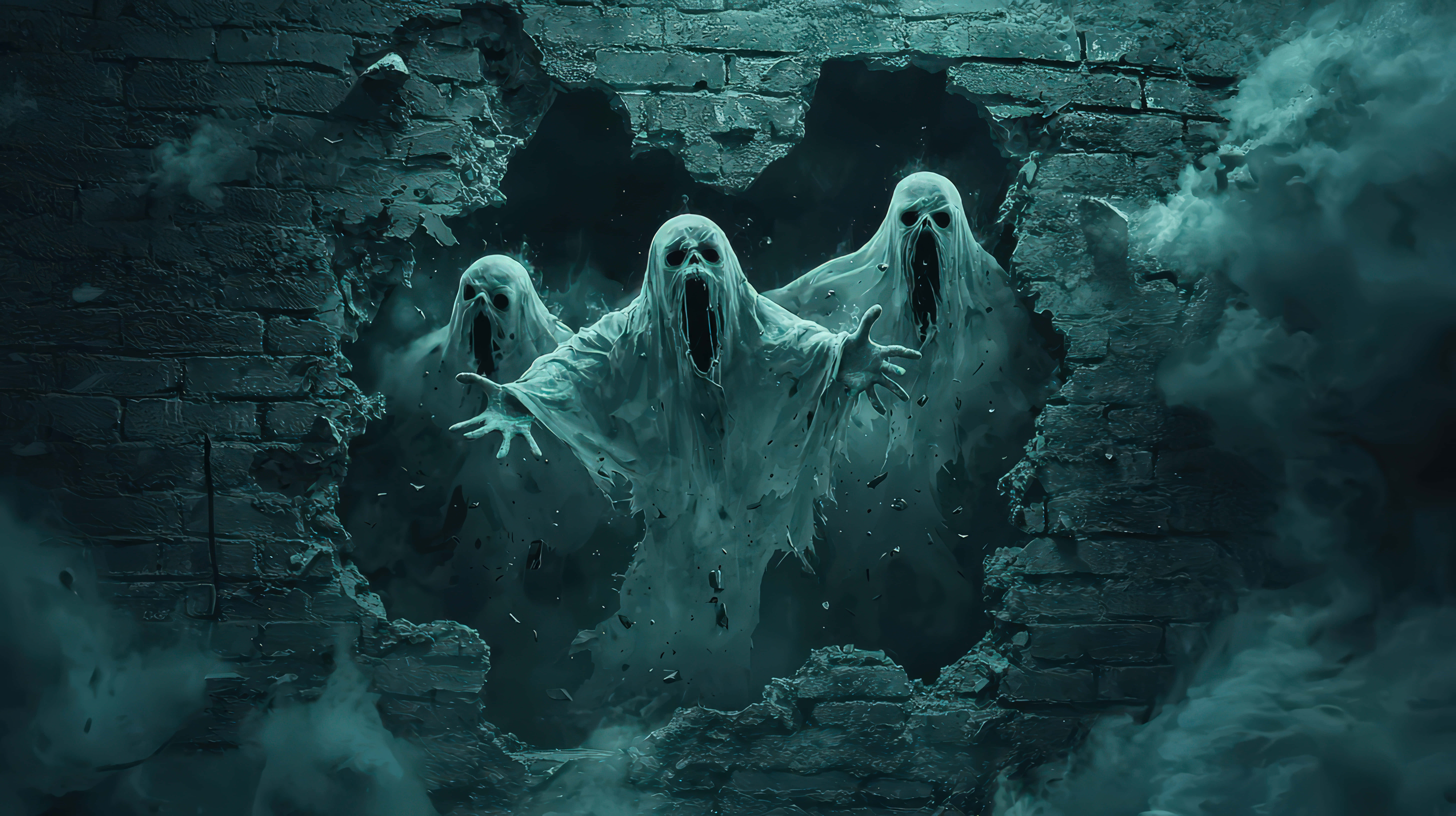 crumbling brick wall, three ghostly figures, gaping mouths, 8K Desktop Wallpaper