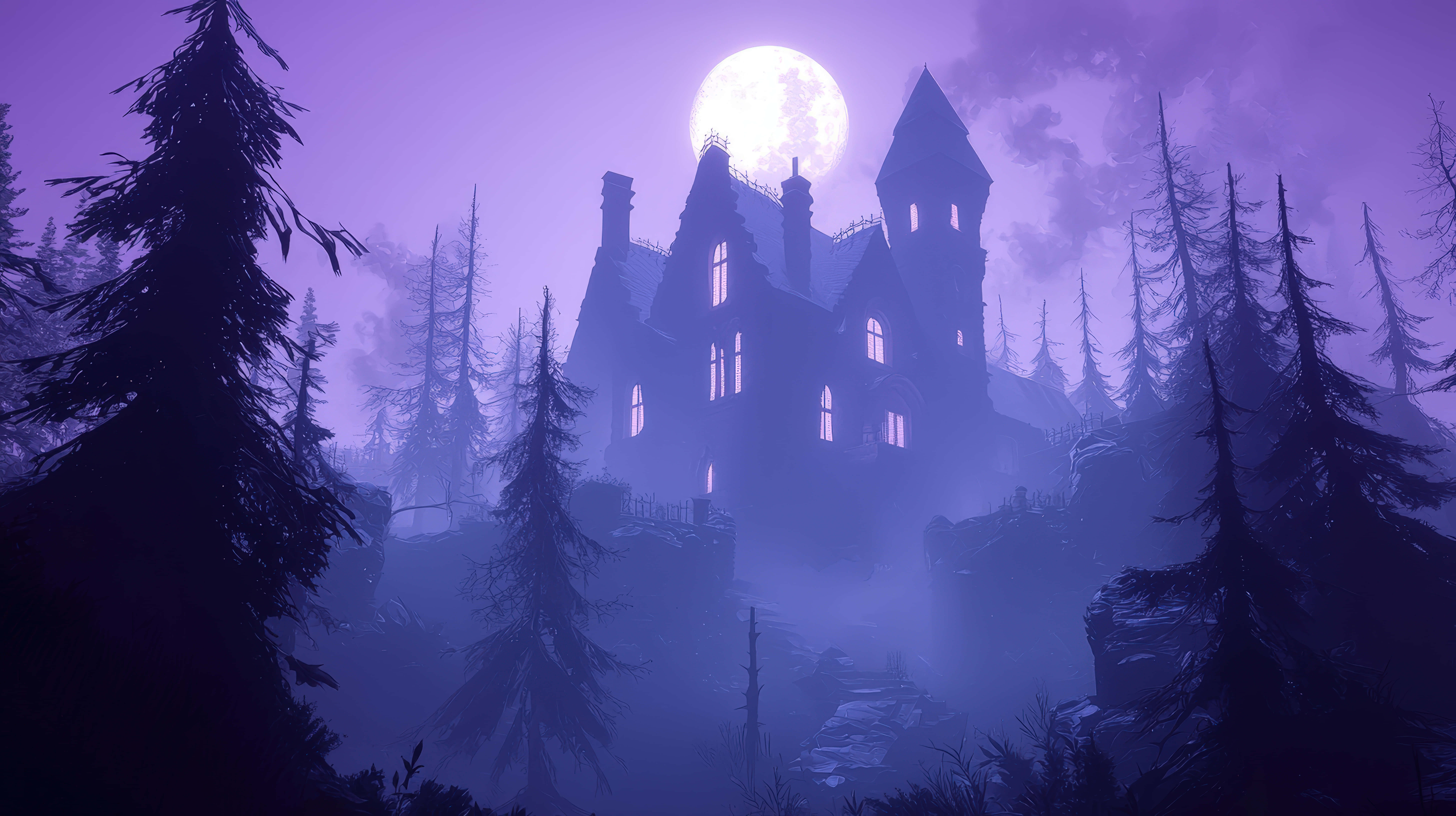 gothic mansion, misty hill, tall pine trees, 8K Desktop Wallpaper
