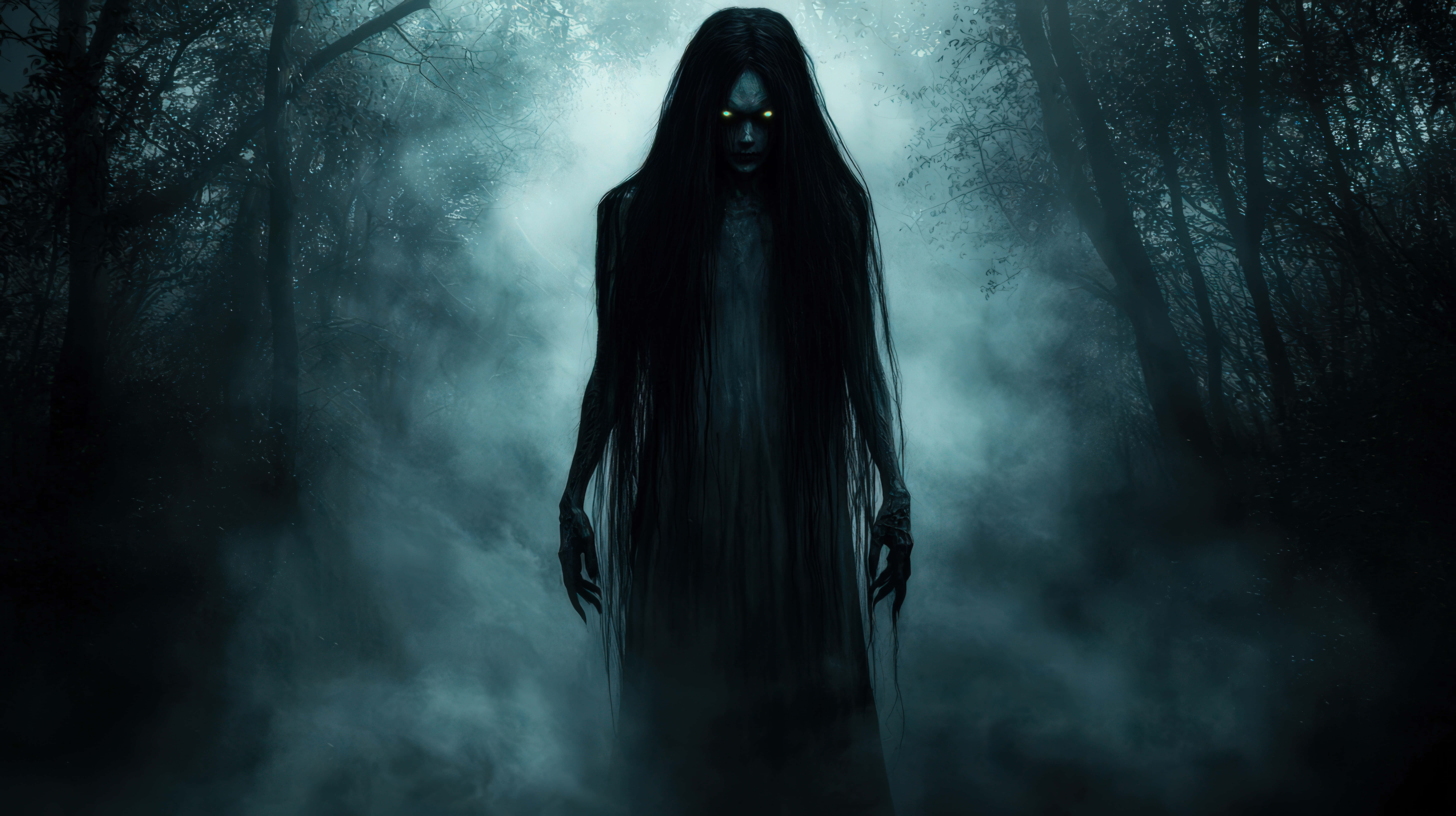 glowing white eyes, long flowing hair, foggy forest, 8K Desktop Wallpaper