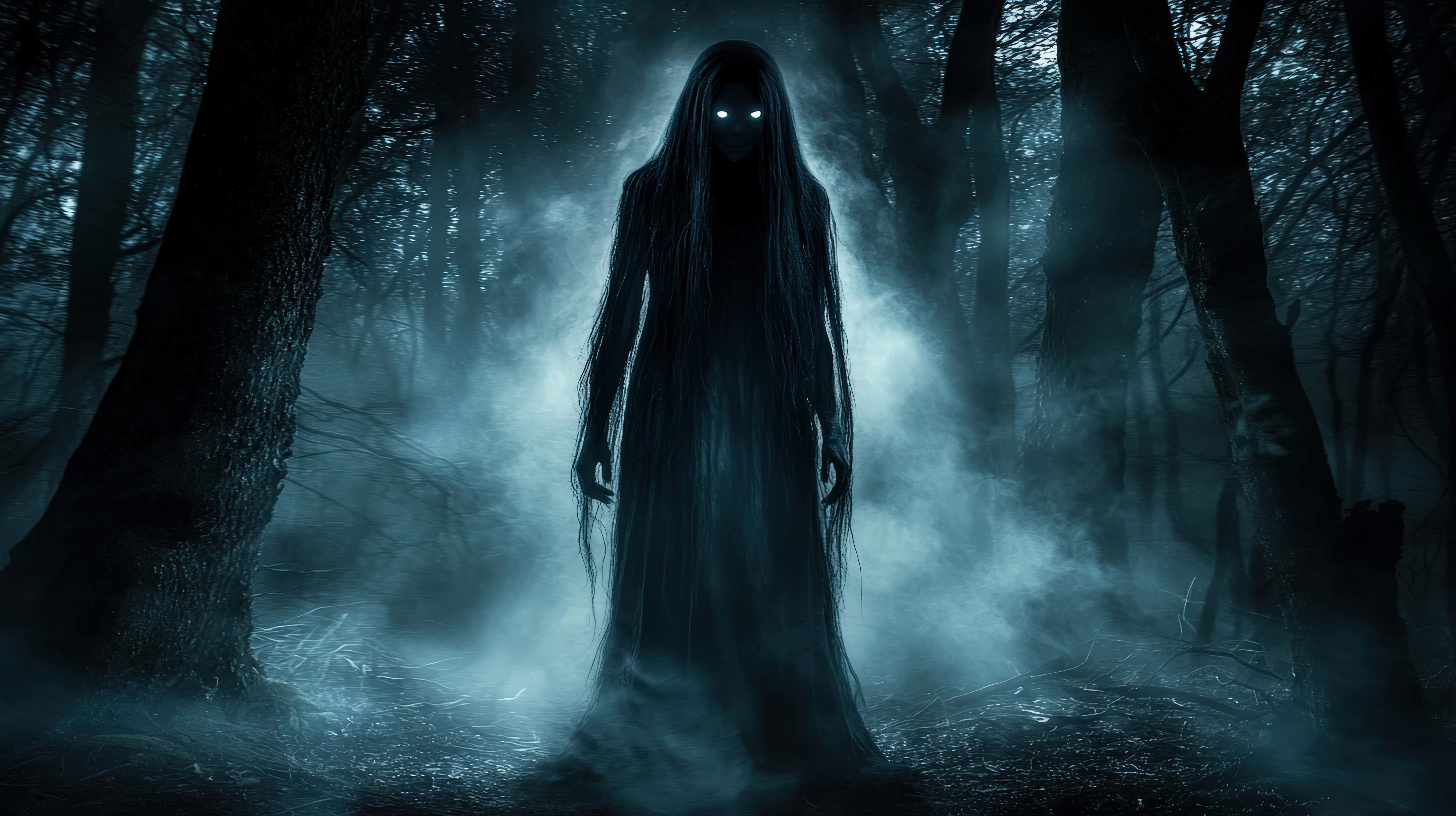 ghostly figure, glowing eyes, dark forest, 8K Desktop Wallpaper