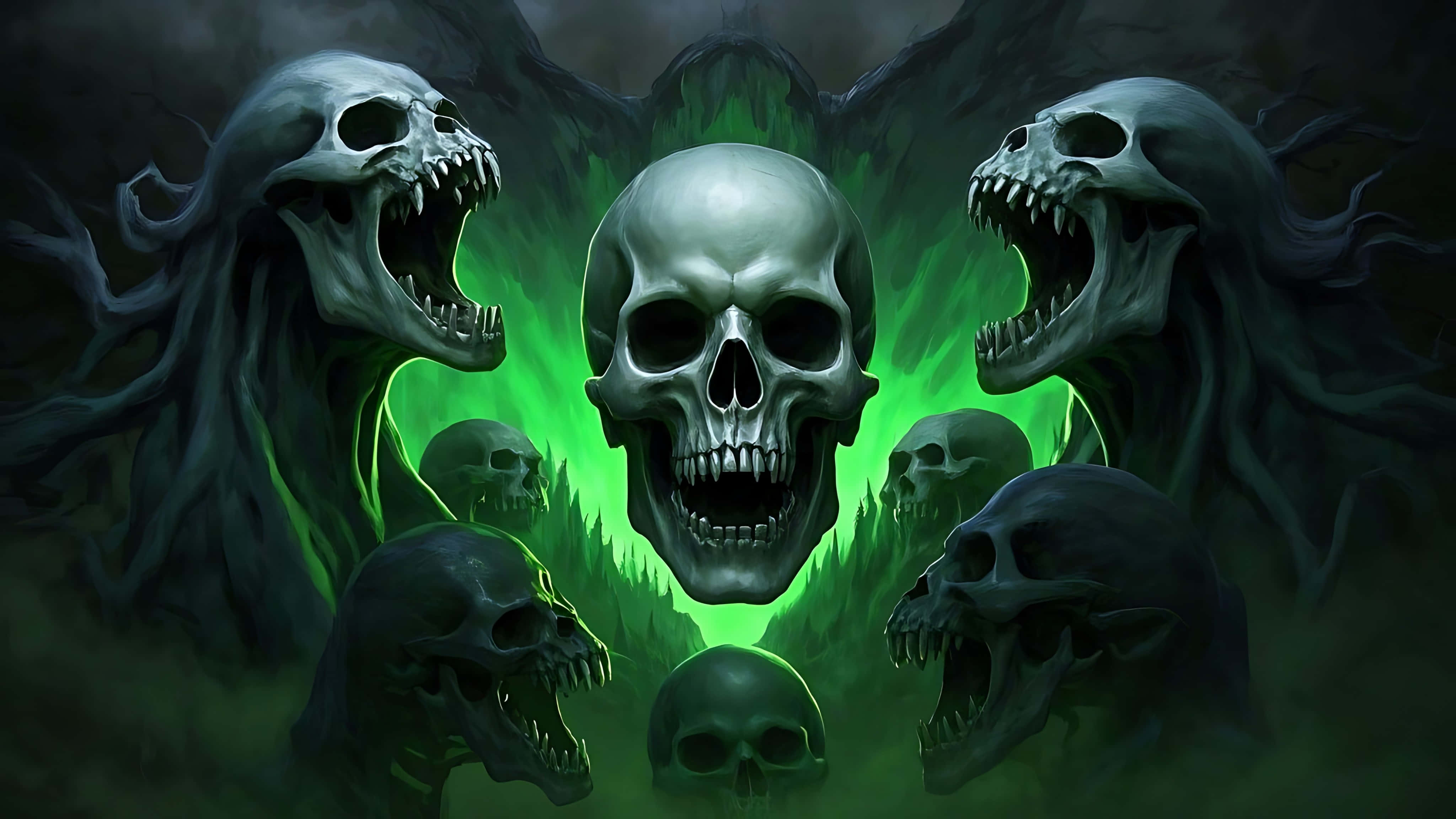 ghost infested skull, screaming shadows, glowing skull, 4K Desktop Wallpaper