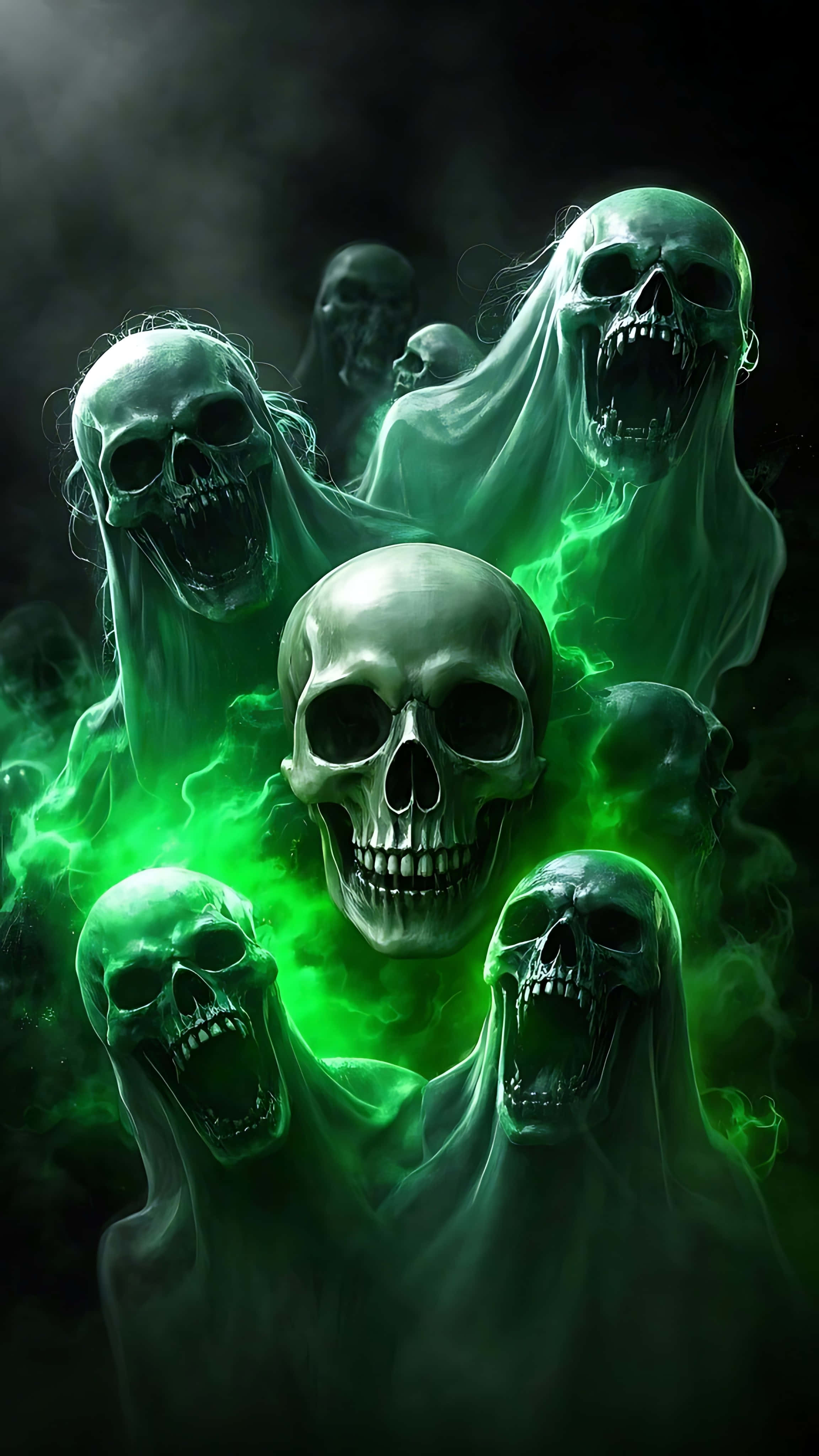 ghost infested skull, screaming shadows, glowing green energy, 4K Phone Wallpaper