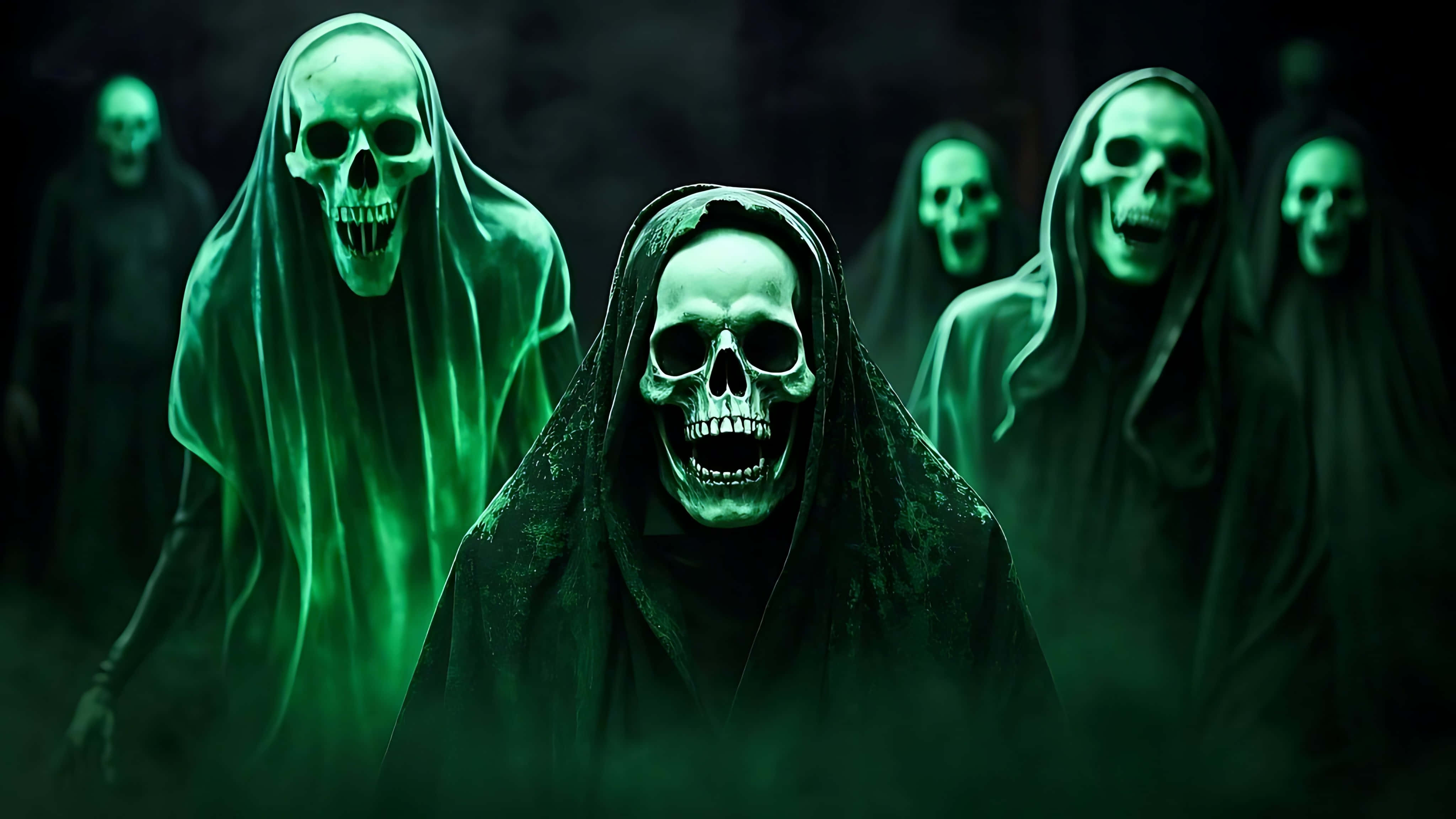 ghost infested skull, screaming shadows, green-lit scene, 4K Desktop Wallpaper