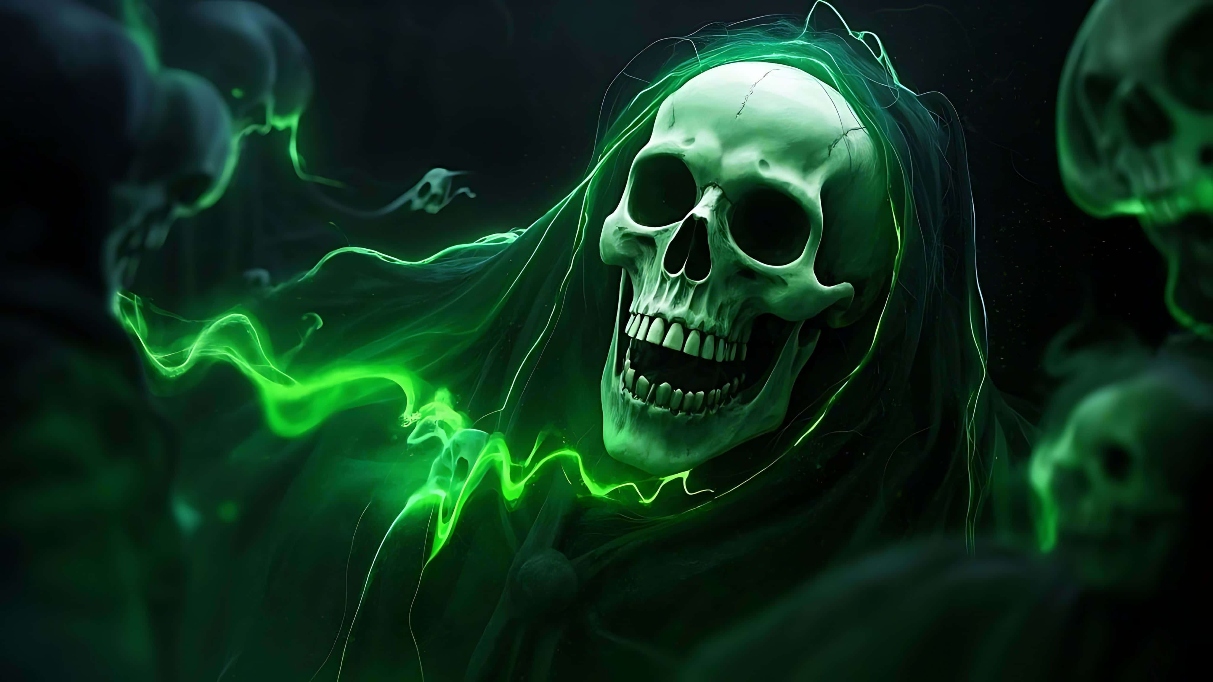 ghost infested skull, screaming shadows, glowing green, 4K Desktop Wallpaper