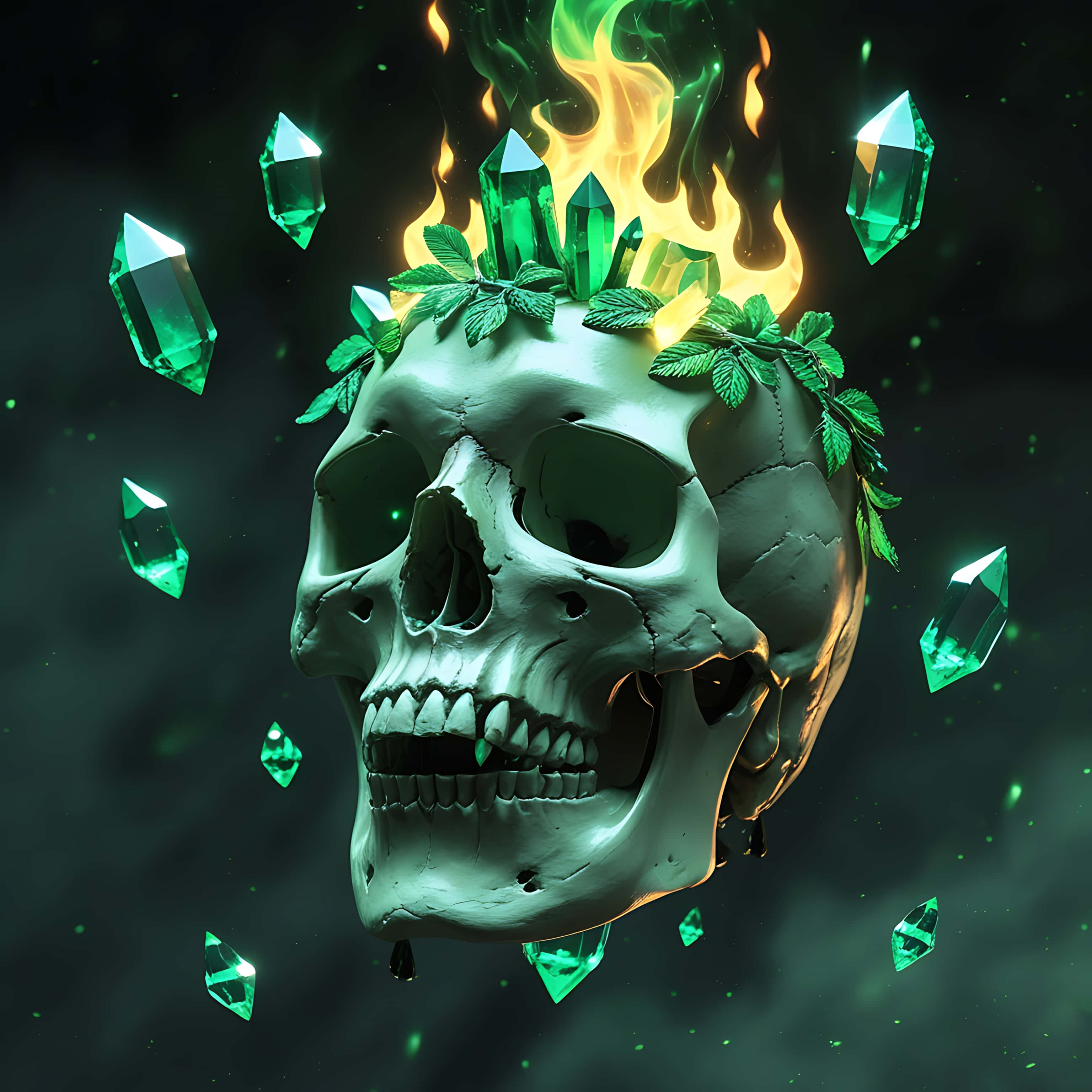 mystic skull, emerald flames, floating crystals, 2K Desktop Wallpaper