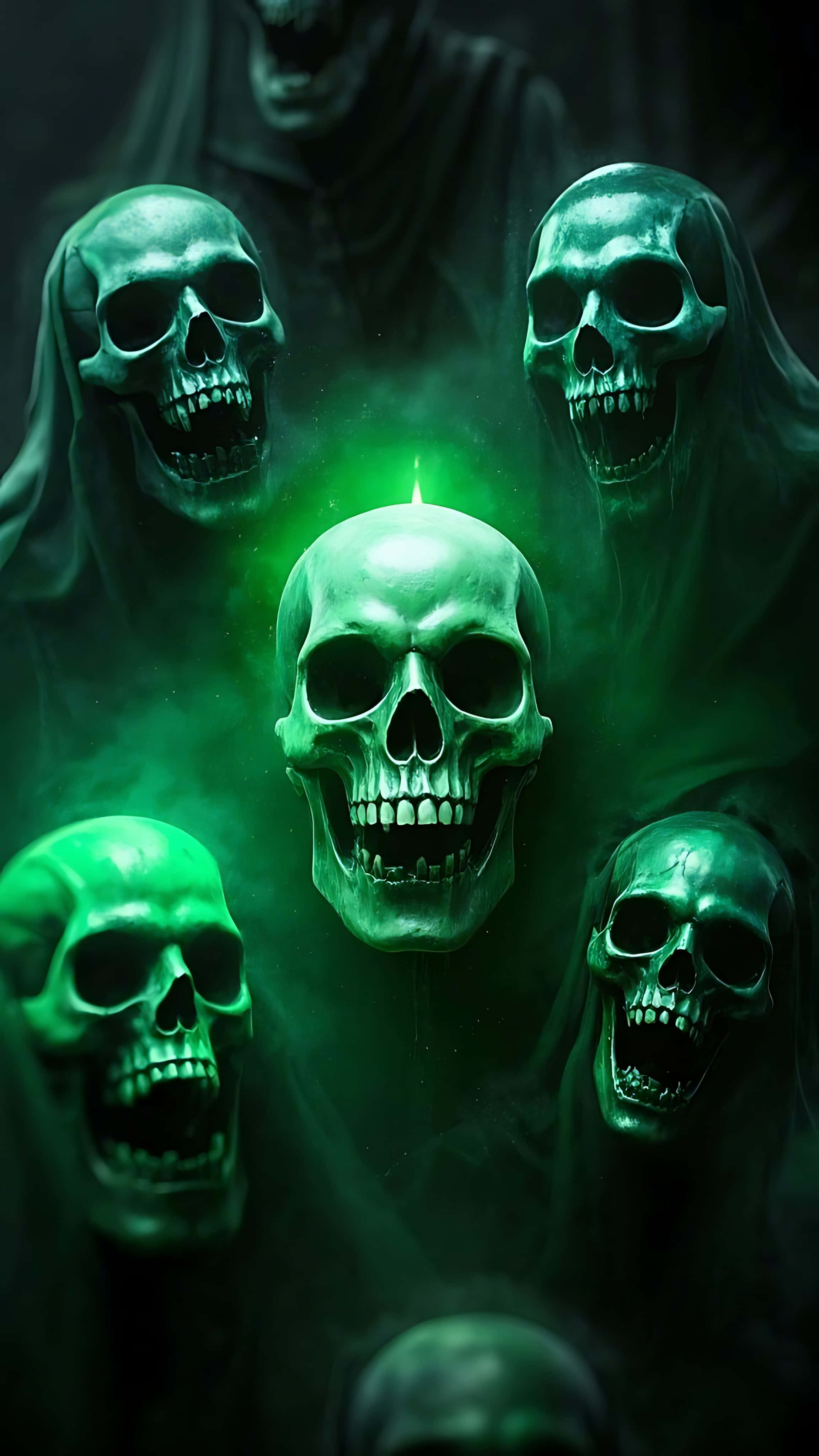 ghost infested skull, screaming shadows, glowing green skulls, 4K Phone Wallpaper