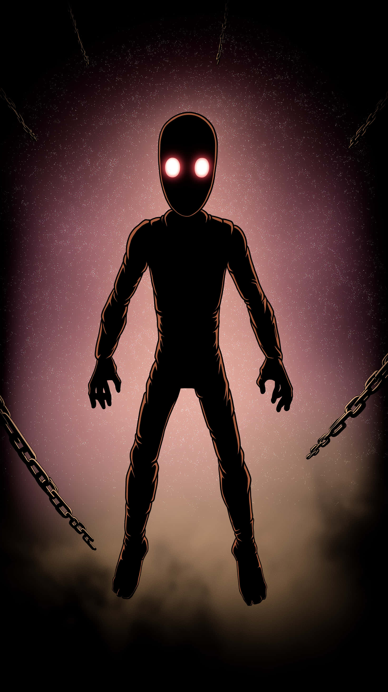 shadowy humanoid figure, glowing red eyes, hanging chains, 2K Phone Wallpaper
