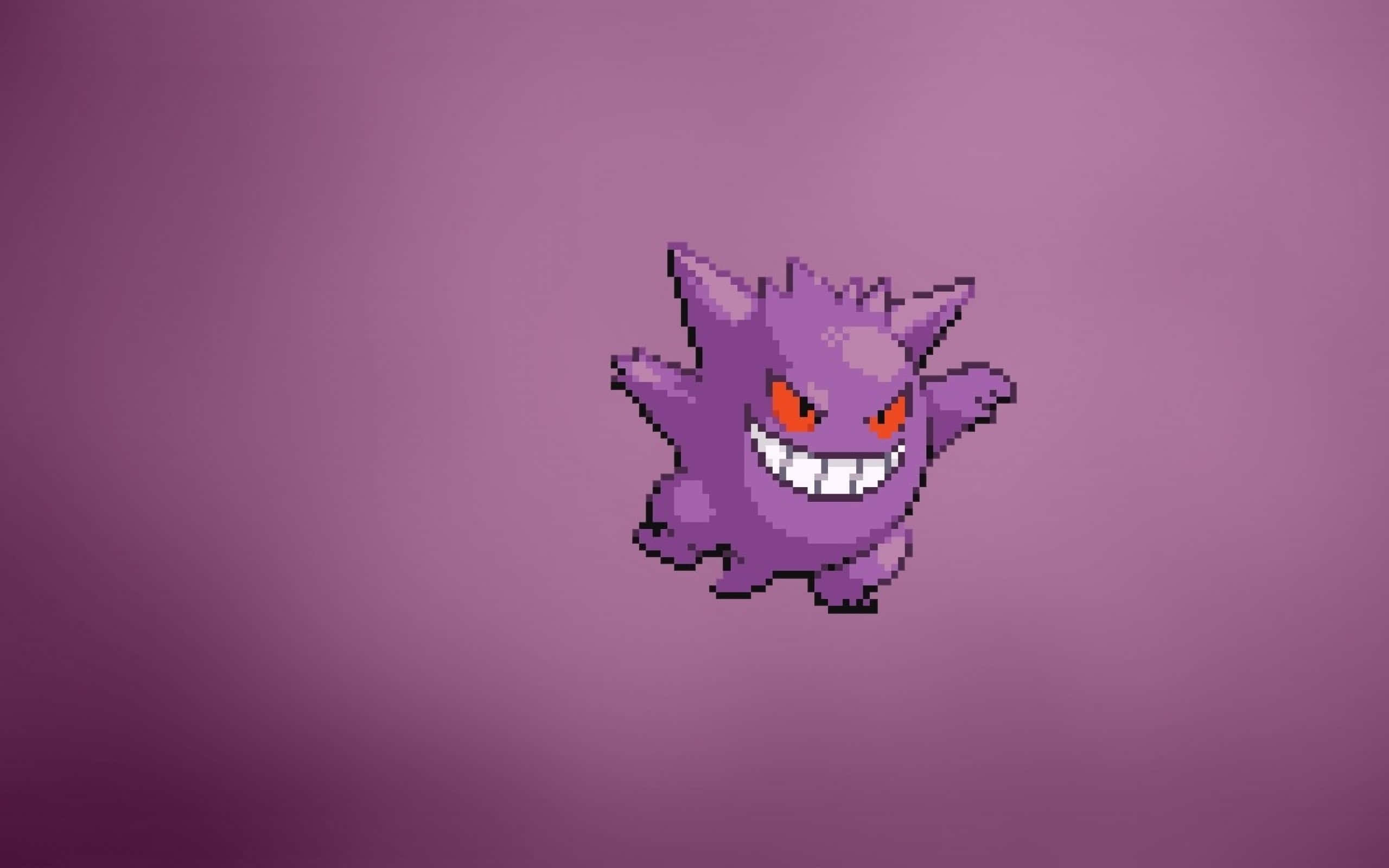 pixel art, purple ghost Pokémon, glowing red eyes, 2K Desktop Wallpaper