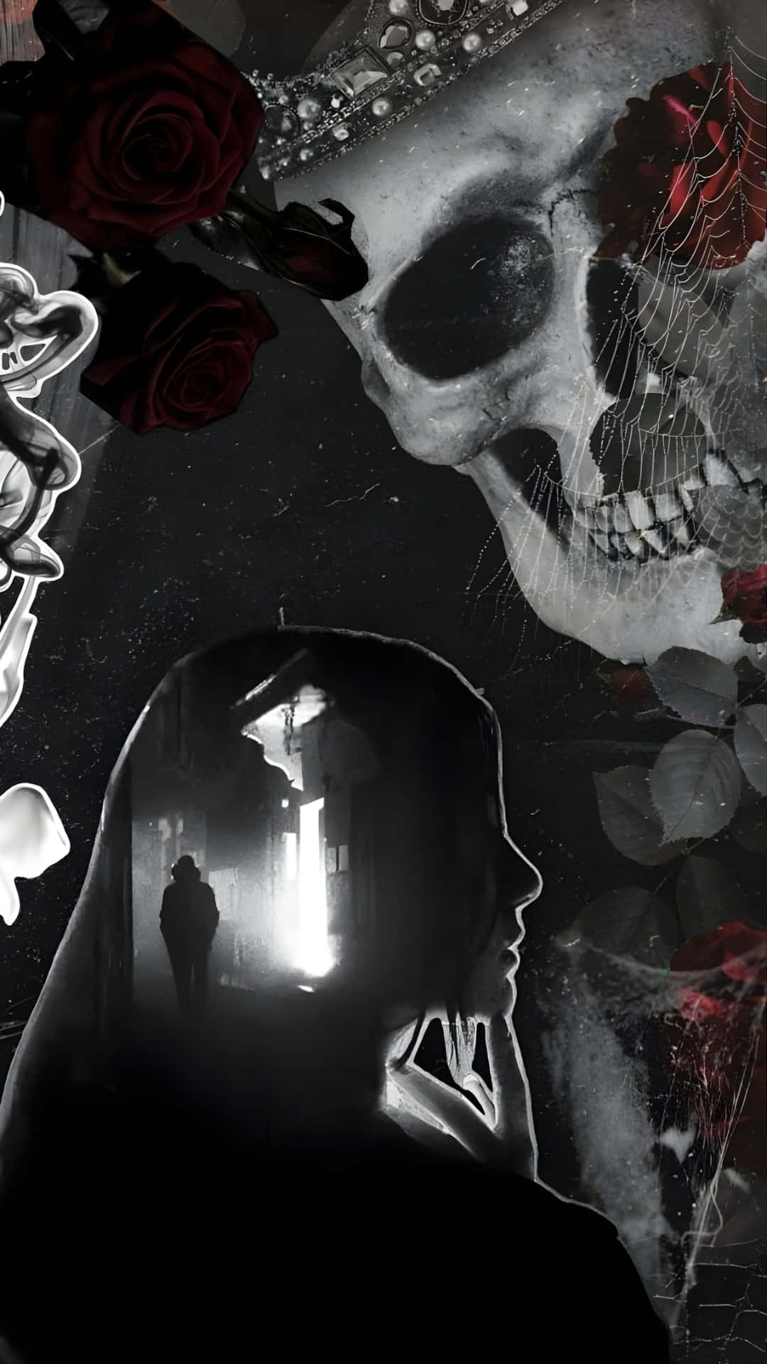Haunting Adeline, black and white skull, red roses, Full HD Phone Wallpaper