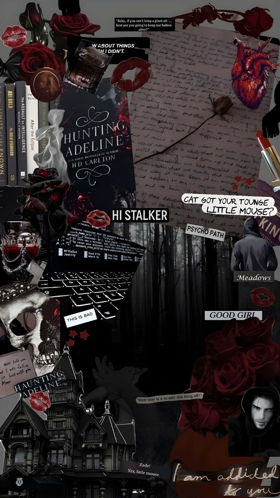 Haunting Adeline, dark gothic collage, red roses, Full HD Phone Wallpaper