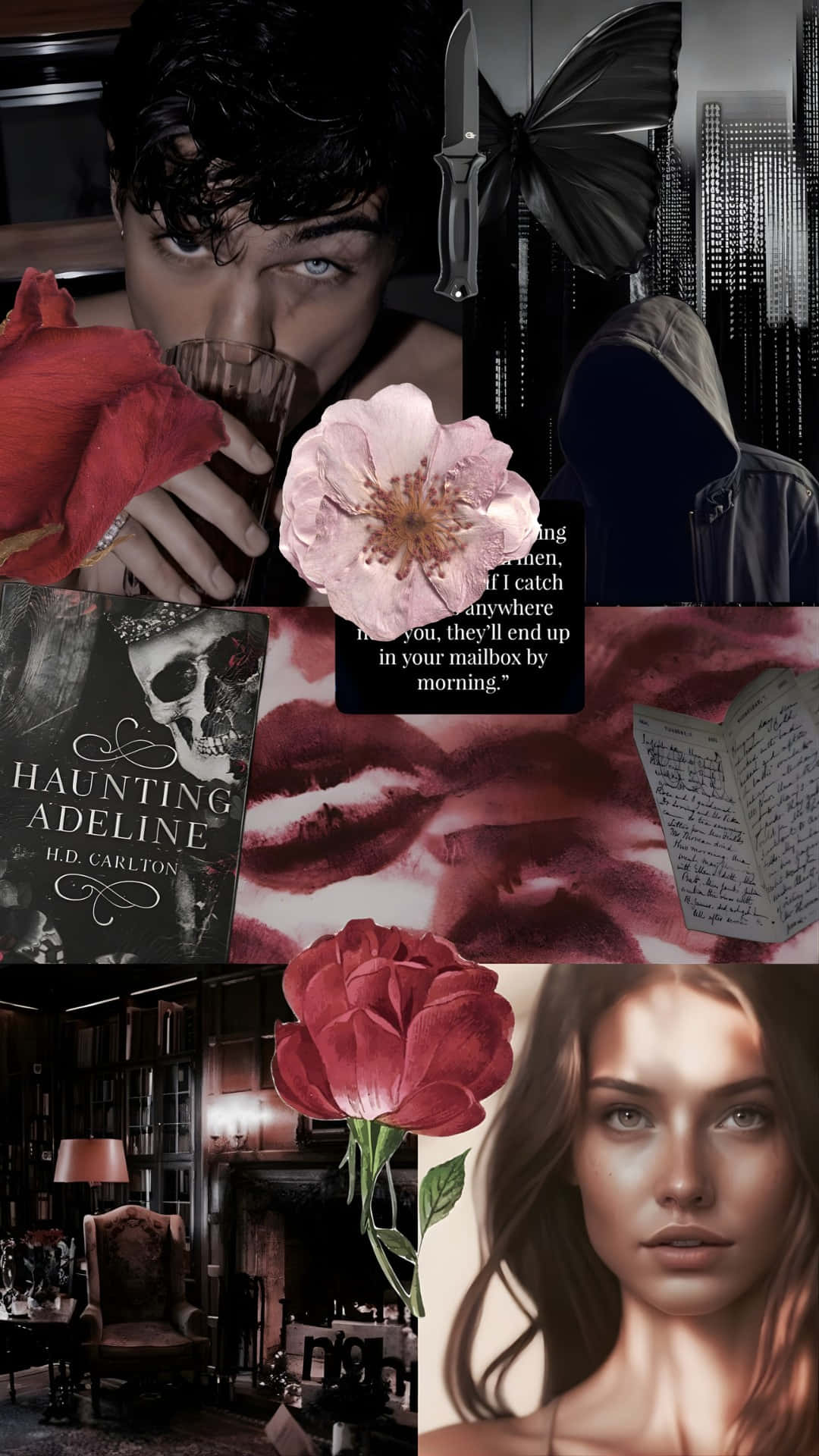 Haunting Adeline, dark gothic collage, man with a rose, Full HD Phone Wallpaper