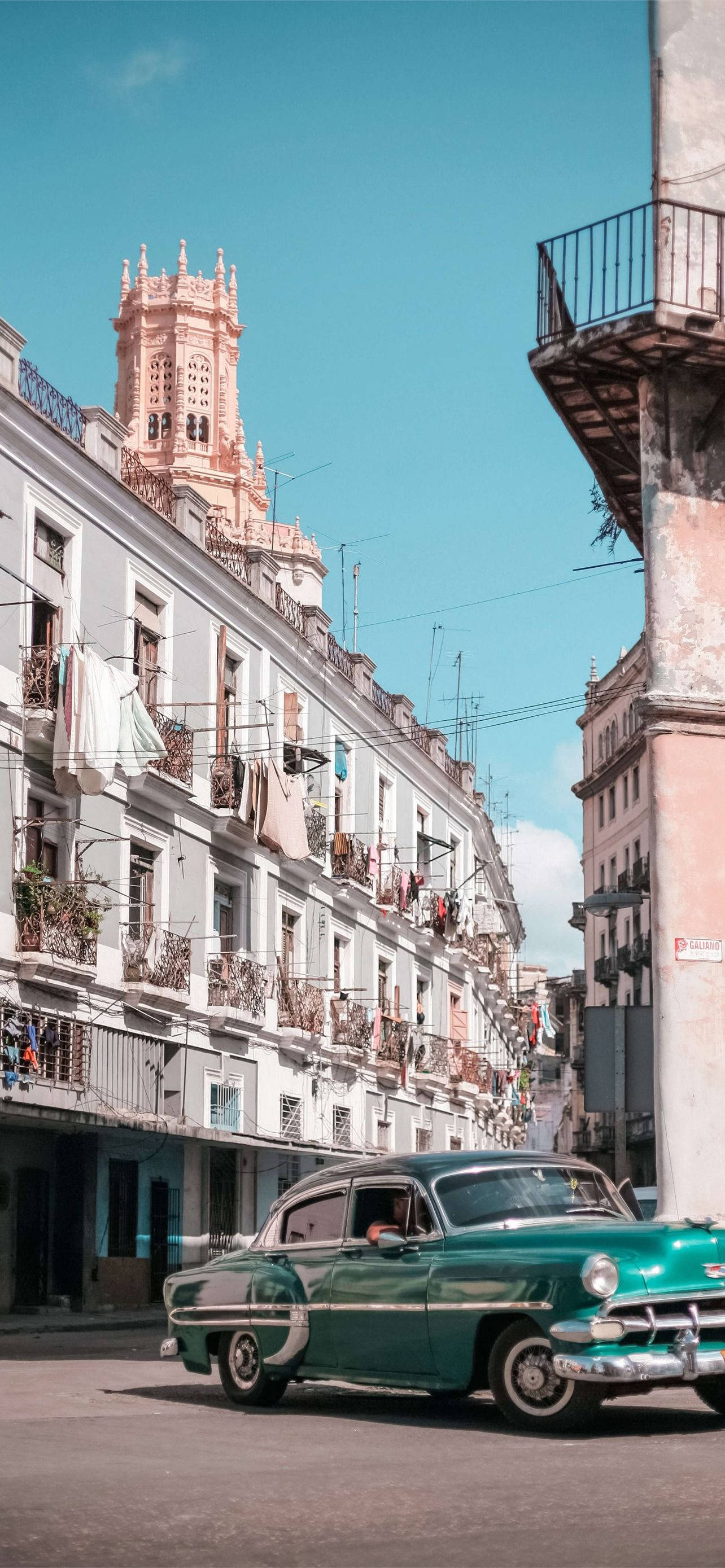 Havana, teal car, Cuban street, 2K Phone Wallpaper
