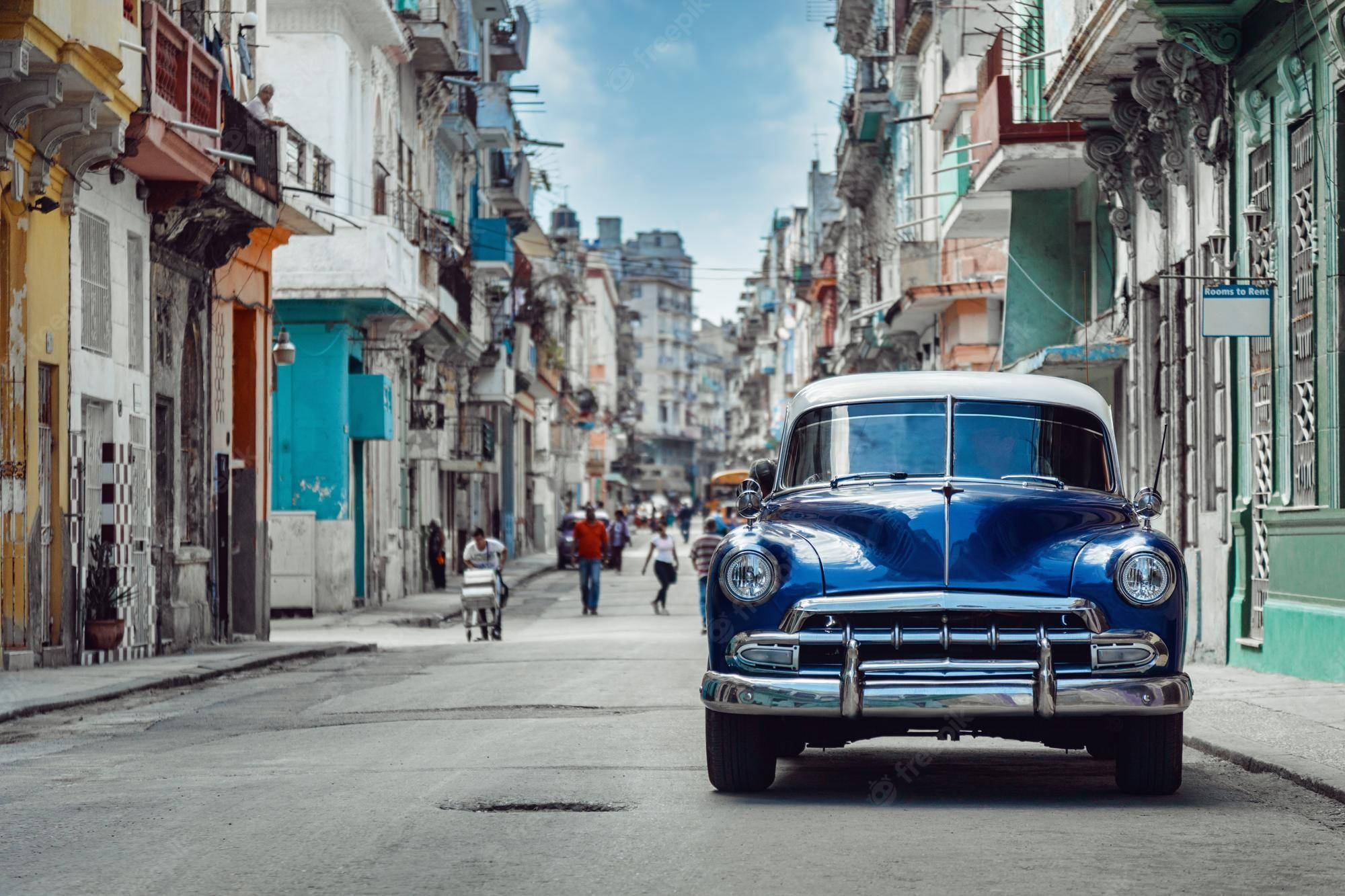 Havana Blue, vintage car, Cuban street, Full HD Desktop Wallpaper