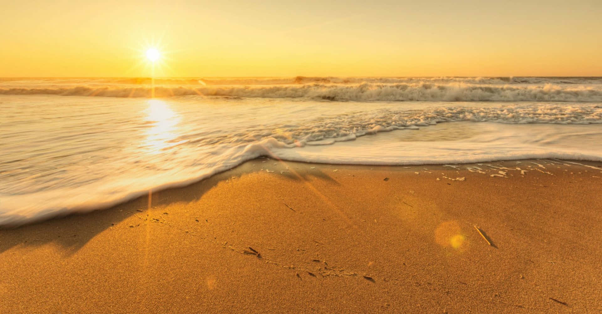 Golden sunset, warm sandy beach, lens flare, Full HD Desktop Wallpaper