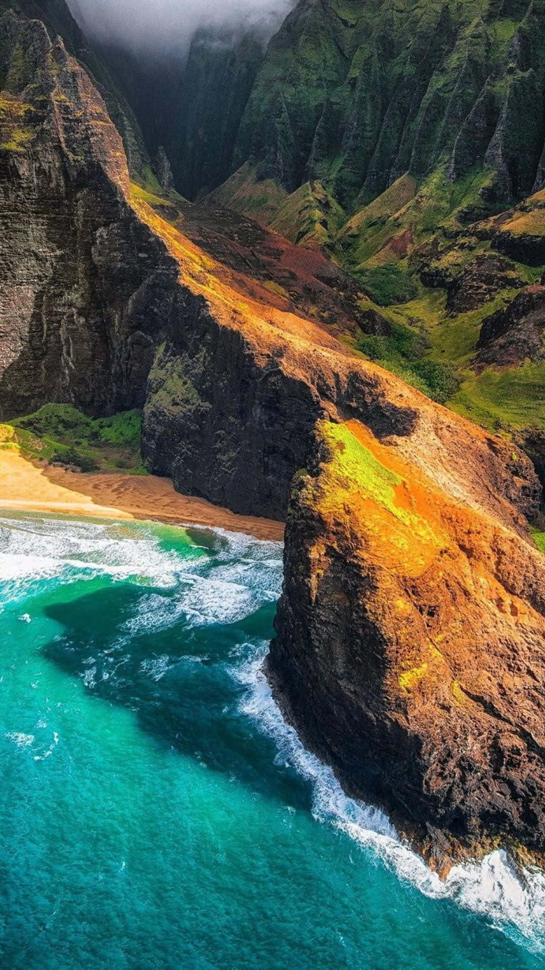 Hawaii iPhone, secluded beach, towering green and orange cliffs, Full HD Phone Wallpaper