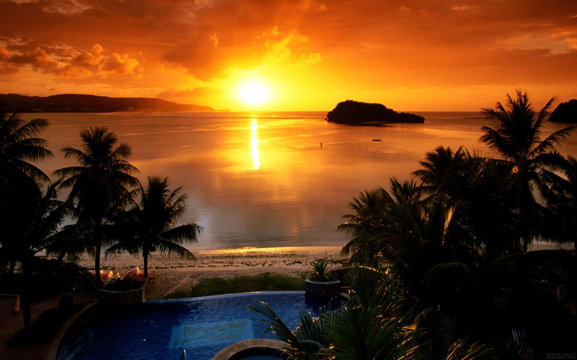 Hawaii Sunset, tropical bay, palm trees, Full HD Desktop Wallpaper