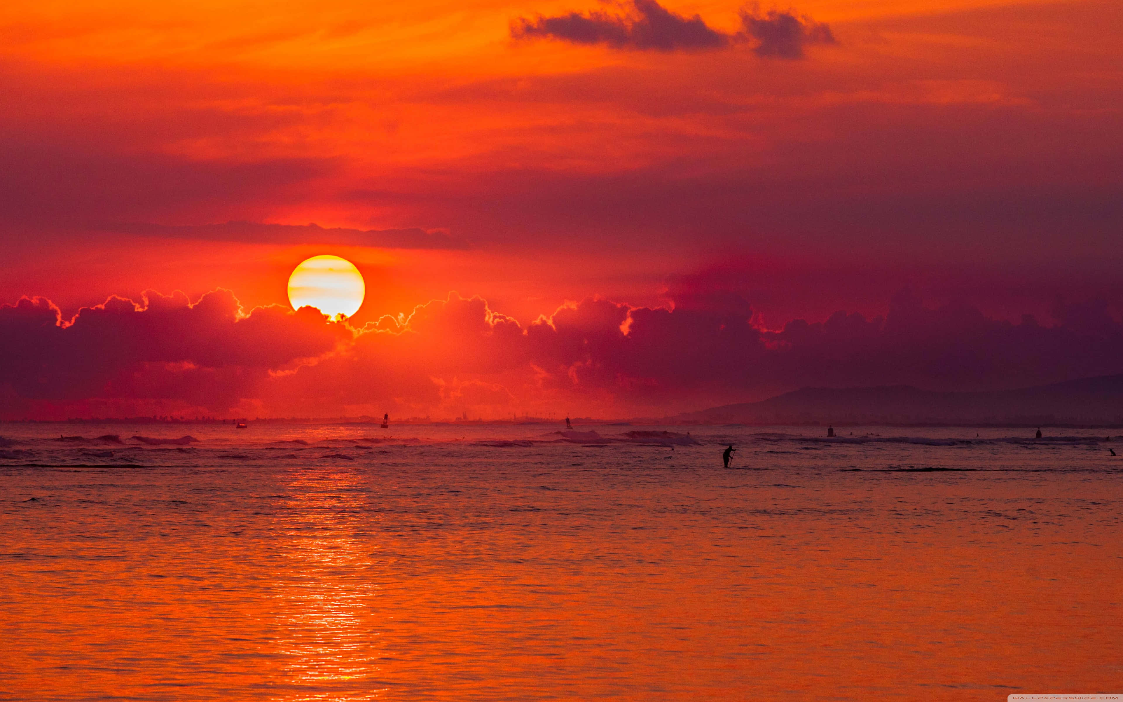 Hawaii Sunset, fiery orange sun, vibrant ocean, 4K Desktop Wallpaper