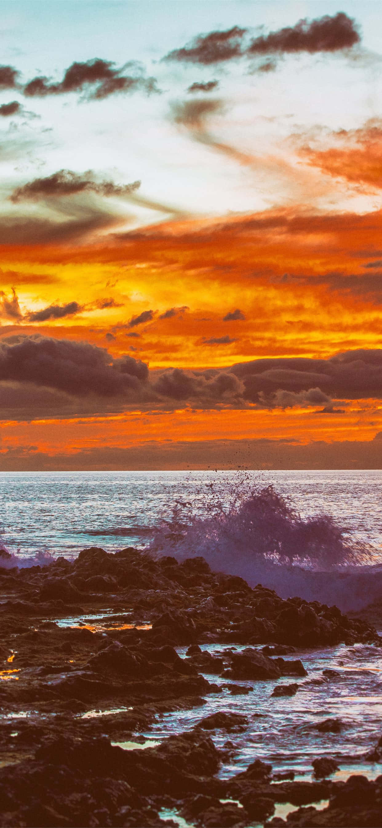 Hawaii Sunset, vibrant orange and purple sunset, waves crash, 2K Phone Wallpaper