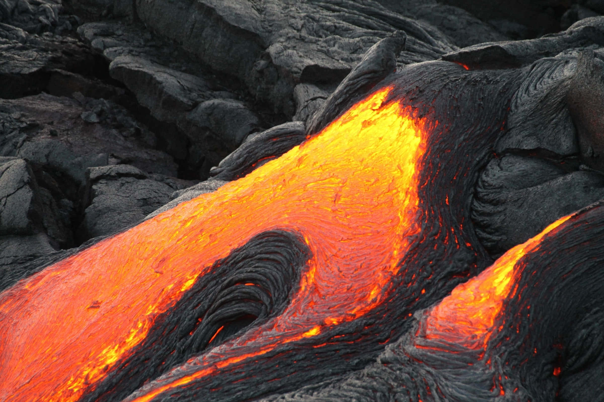 Hawaii Volcanoes National Park, fiery lava flow, vibrant orange, Full HD Desktop Wallpaper