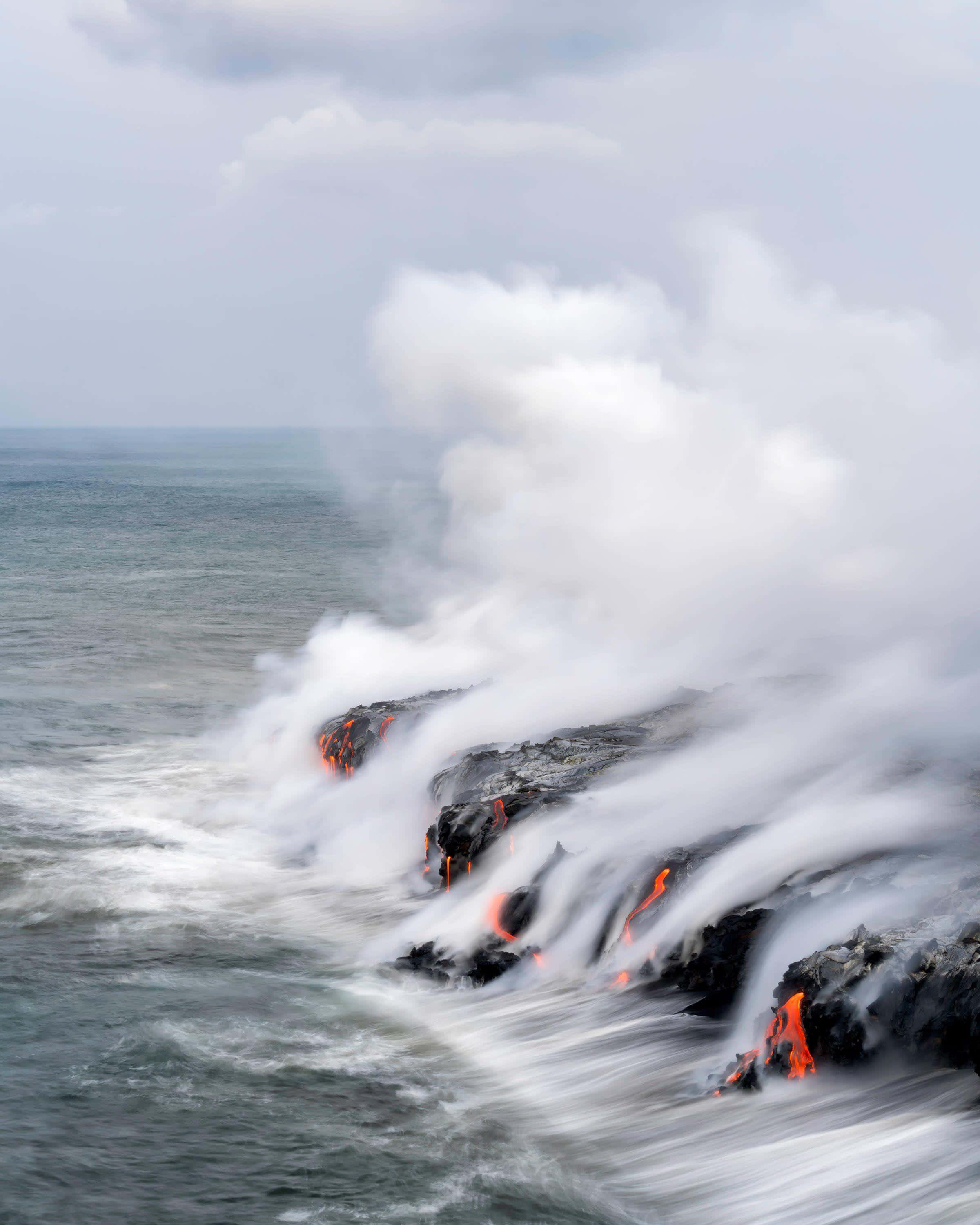 Hawaii Volcanoes National Park, lava flows, ocean waves, 2K Phone Wallpaper