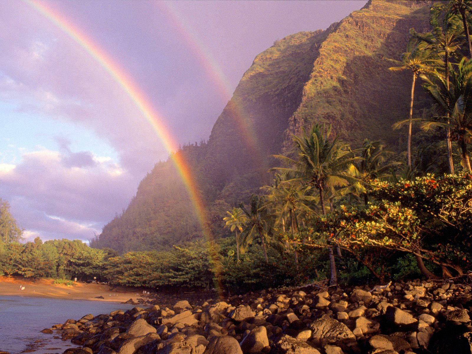 Hawaii, rainbow mountain, double rainbow, HD Desktop Wallpaper
