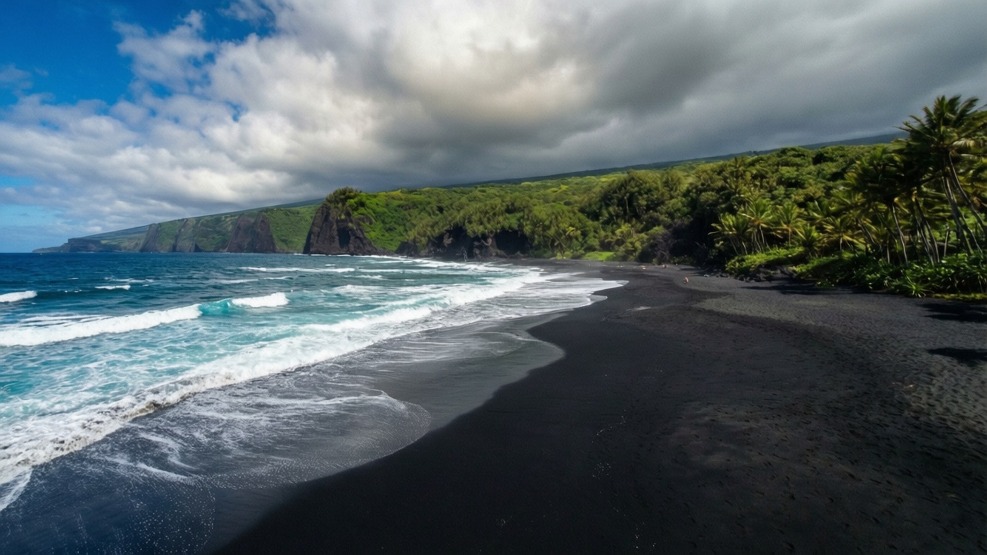 black sand beach, turquoise waves, lush green cliffs, Full HD Desktop Wallpaper