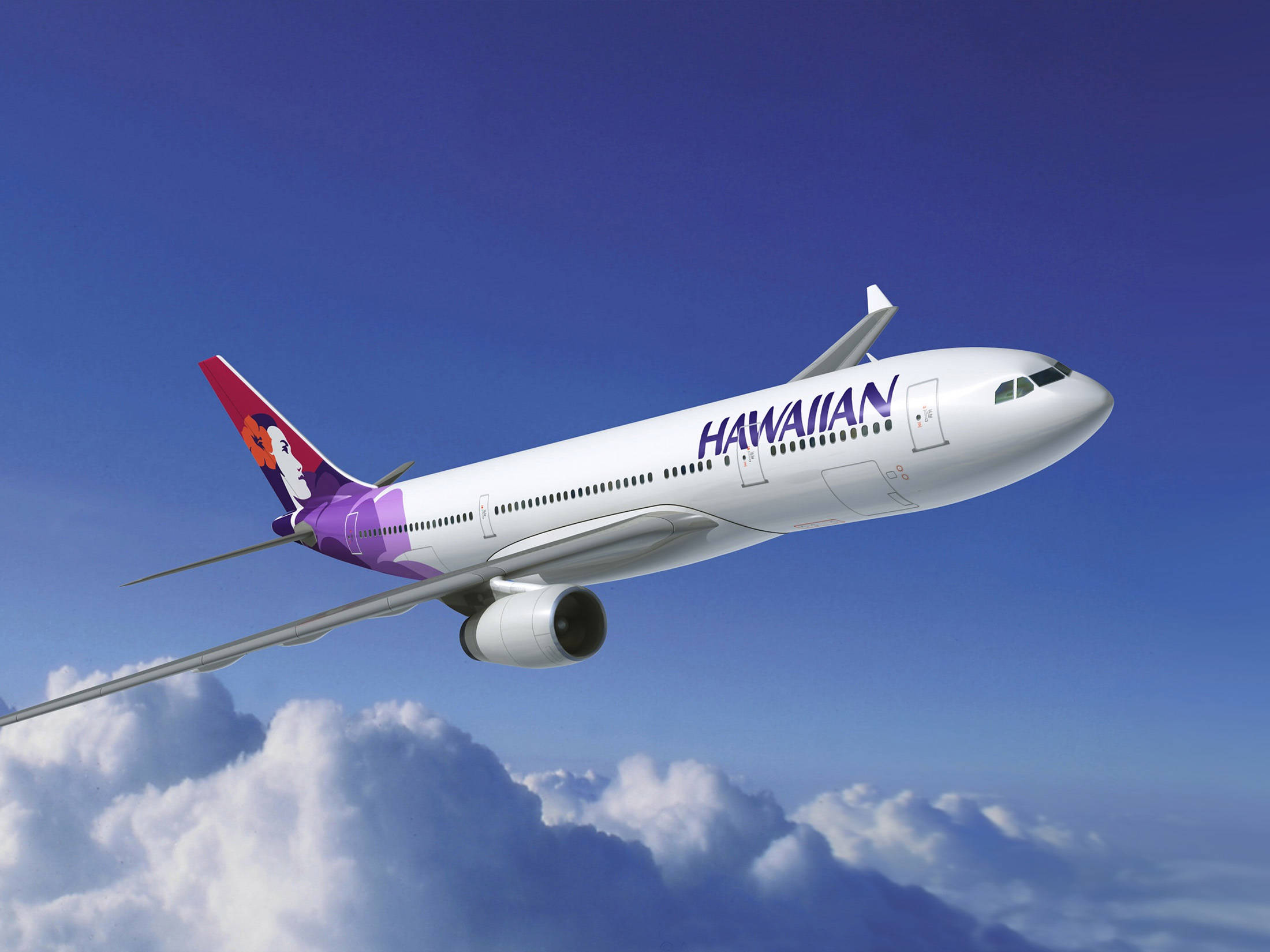 Hawaiian Airlines, airplane, fluffy white clouds, Full HD Desktop Wallpaper