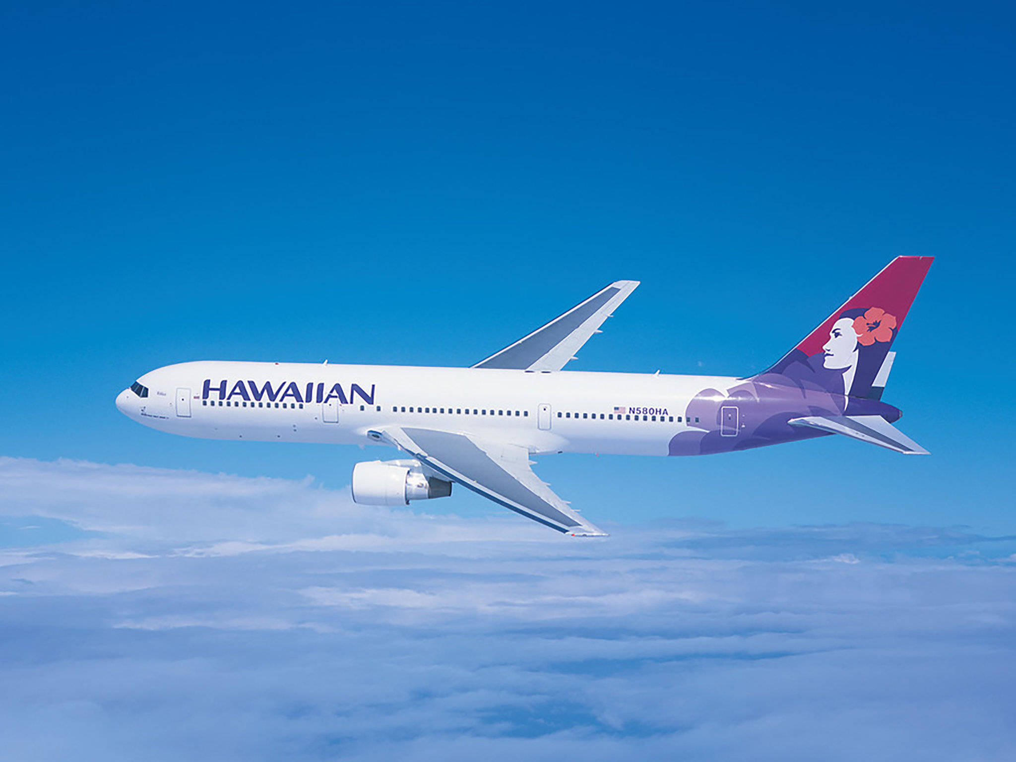 Hawaiian Airlines, airplane, fluffy white clouds, Full HD Desktop Wallpaper