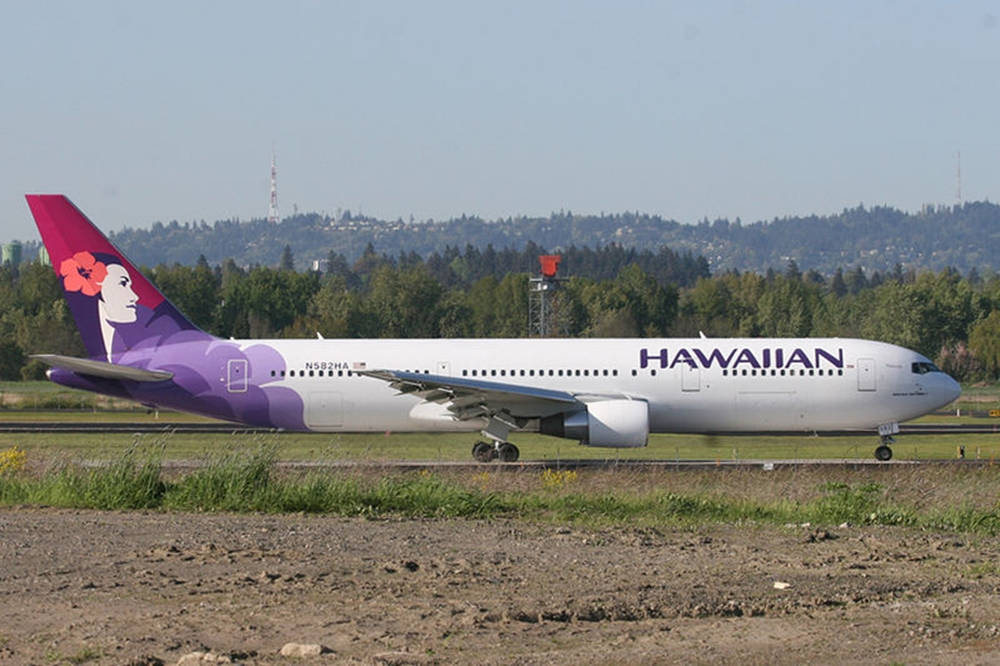 Hawaiian Airlines, purple and pink floral livery, runway, SD Desktop Wallpaper
