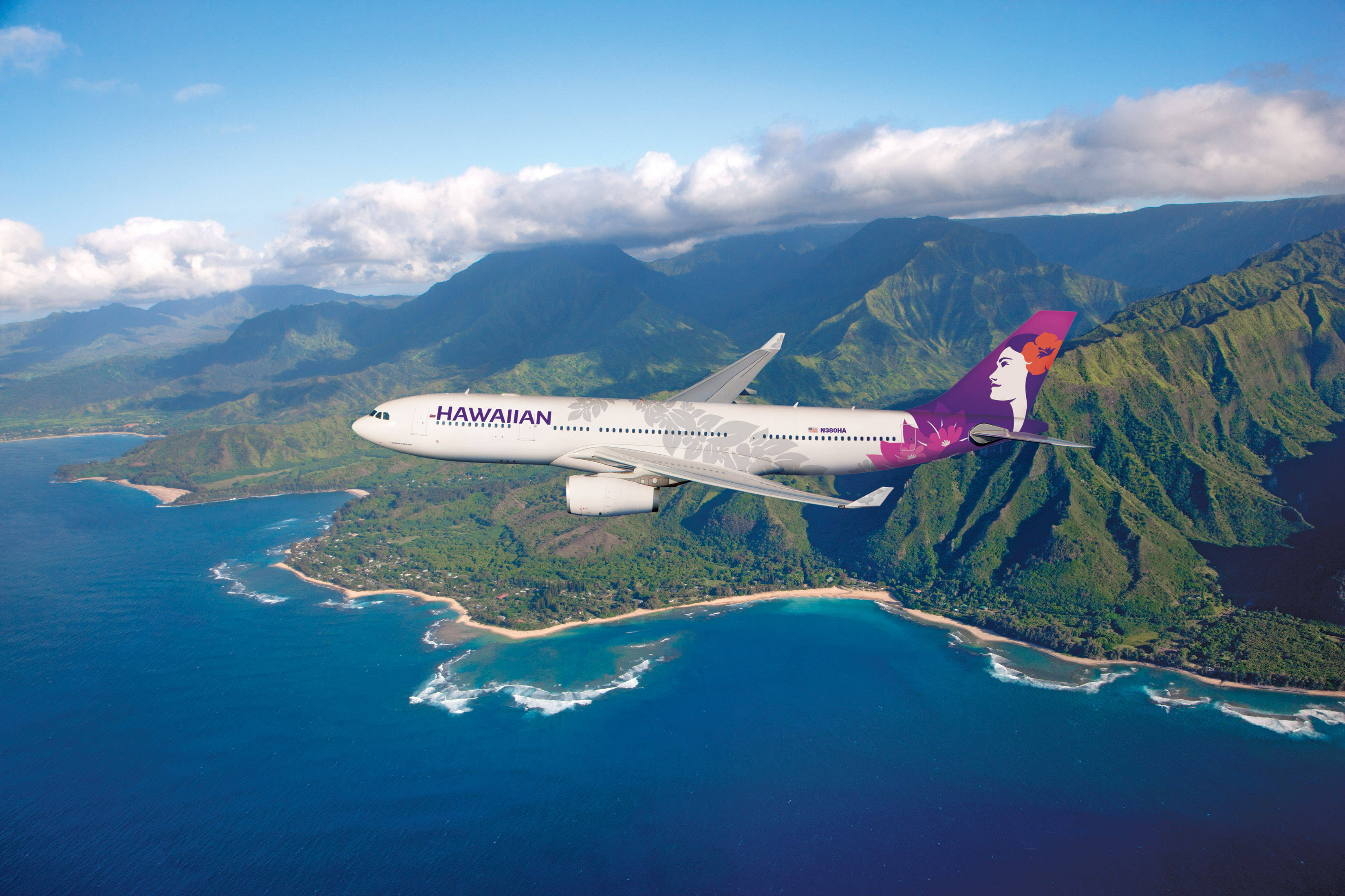 Hawaiian Airlines, plane, lush green mountains, 2K Desktop Wallpaper