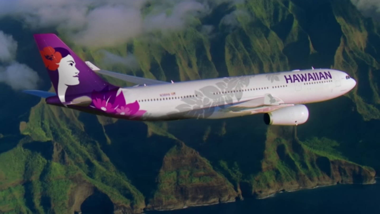 Hawaiian Airlines, purple floral livery, lush green mountains, HD Desktop Wallpaper